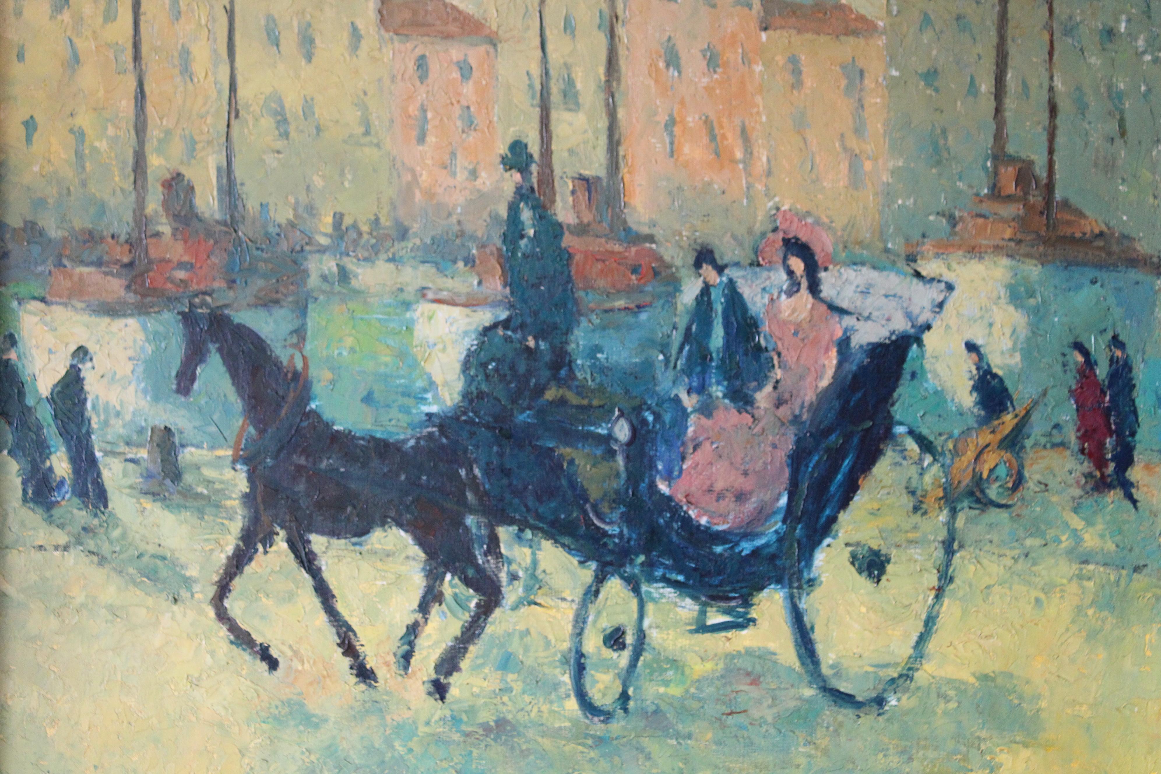 Grand paysage/peinture à l'huile figurative cheval et chariot d' Emmanuel Bellini 3