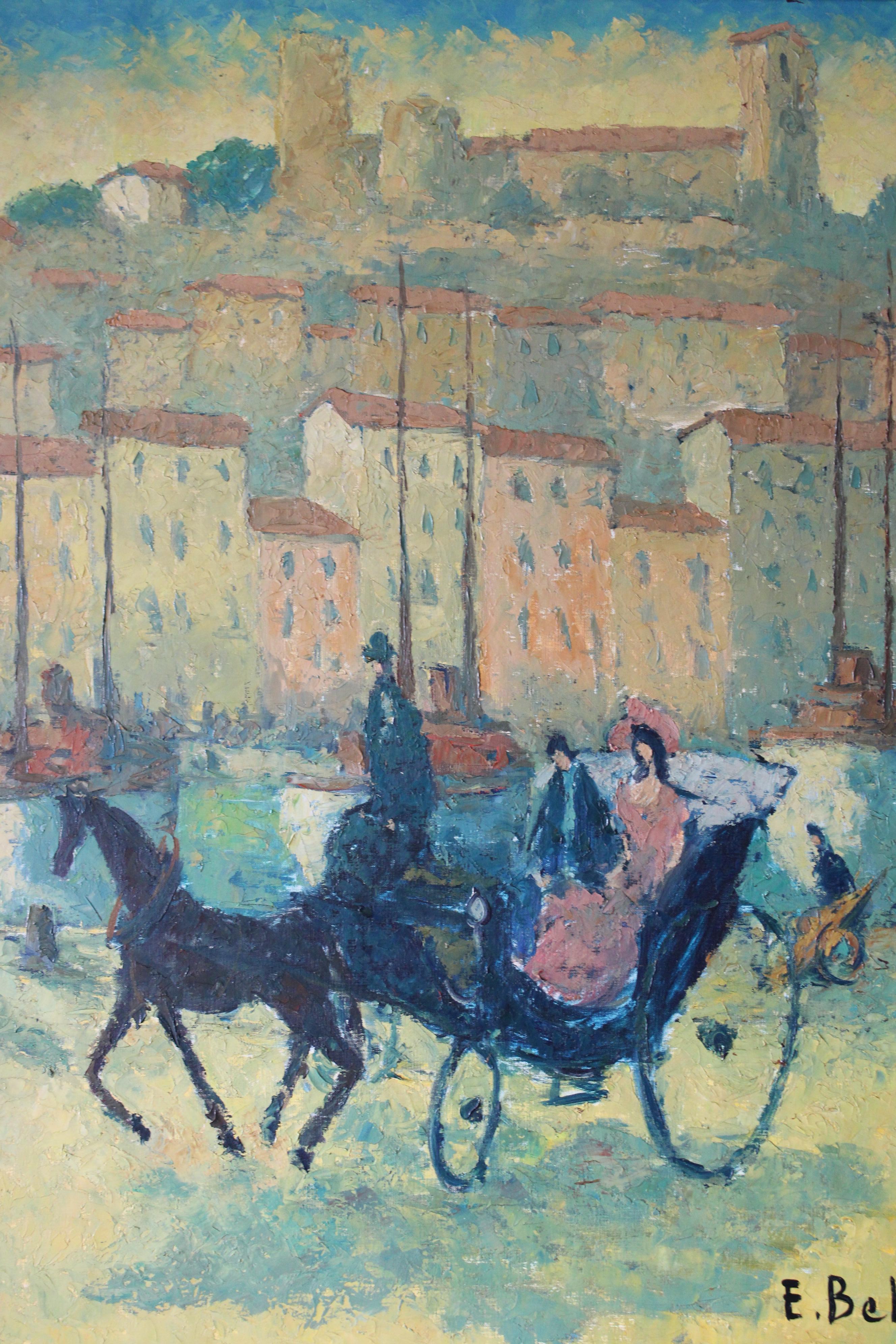 Grand paysage/peinture à l'huile figurative cheval et chariot d' Emmanuel Bellini 4