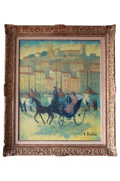 Grand paysage/peinture à l'huile figurative cheval et chariot d' Emmanuel Bellini