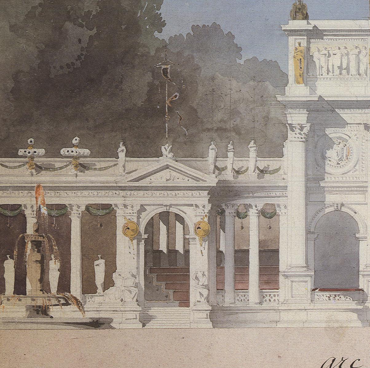 Emmanuel Brune's rendering of the Arc de Triomphe is a masterful architectural depiction that reflects his deep understanding of classical design and meticulous attention to detail, honed through his studies at the École des Beaux-Arts and