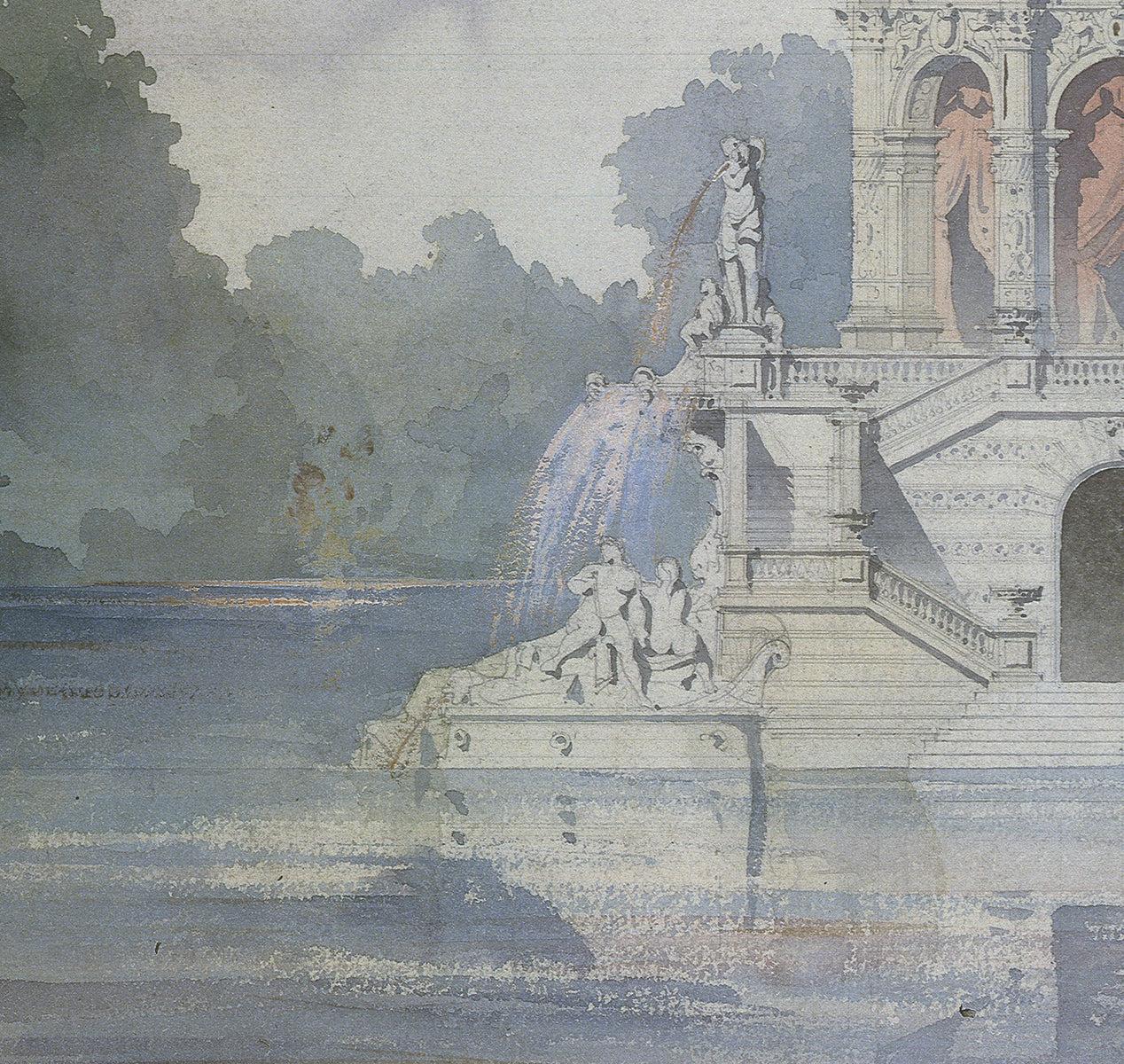 Emmanuel Brune’s Pavillon d'Agrément sur un Étang (Pavilion of Leisure on a Pond) is a refined architectural rendering that exemplifies Brune’s mastery of combining functionality and aesthetic elegance within natural surroundings. This piece