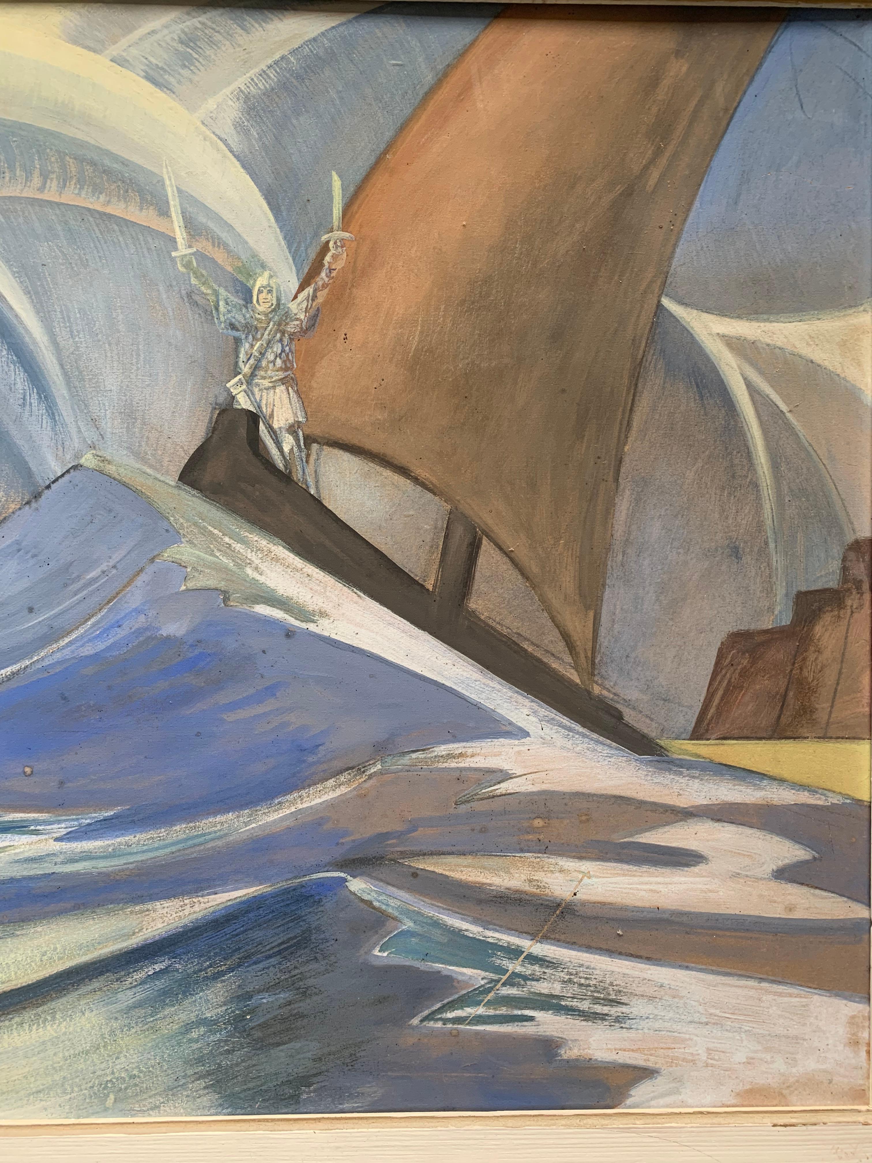 Theaterszene. Ritter auf einem Schiff mit erhobenem Schwert. um 1929 – Painting von Emmanuel Cocard