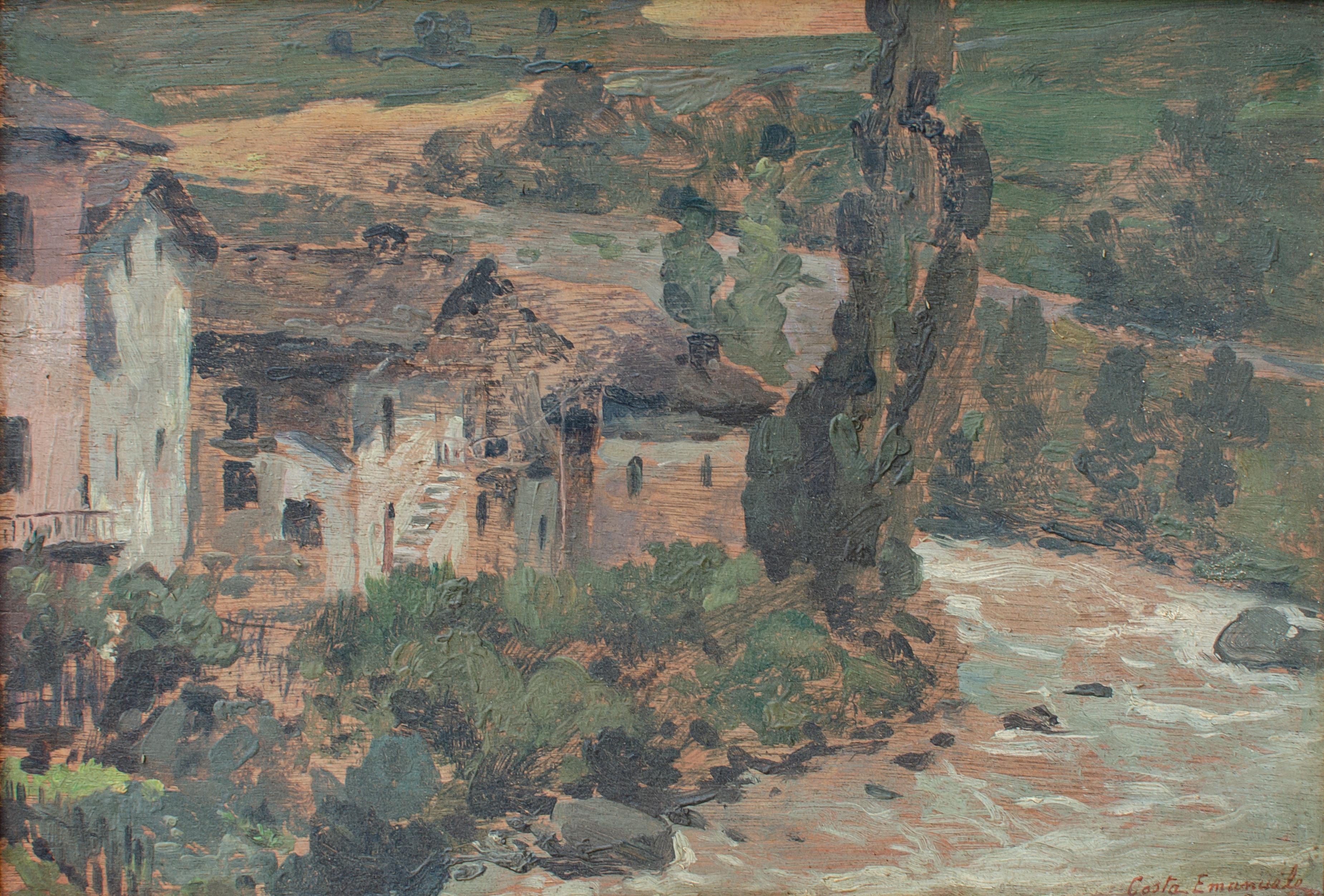 Peinture de paysage de ville de bord de rivière Emmanuel Costa en vente 2