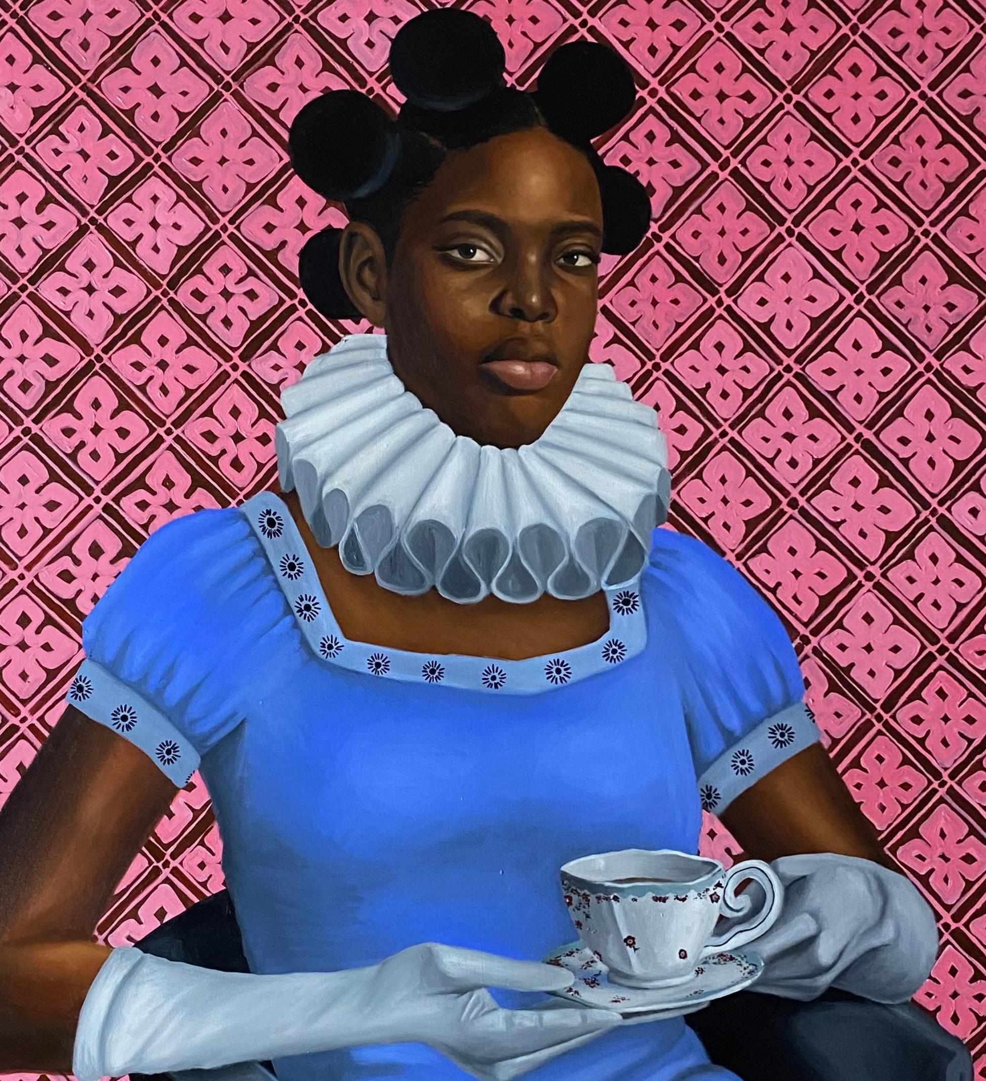 Cup of Tea - 21st Century, Contemporary, Figurative Portrait, Black Woman Hair For Sale 3