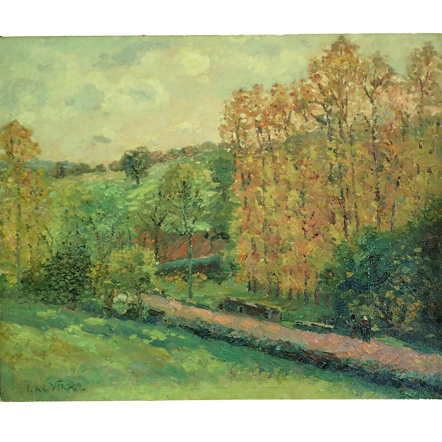 French Oil painting - The Poplars In Autumn - Painting by Emmanuel de La Villéon