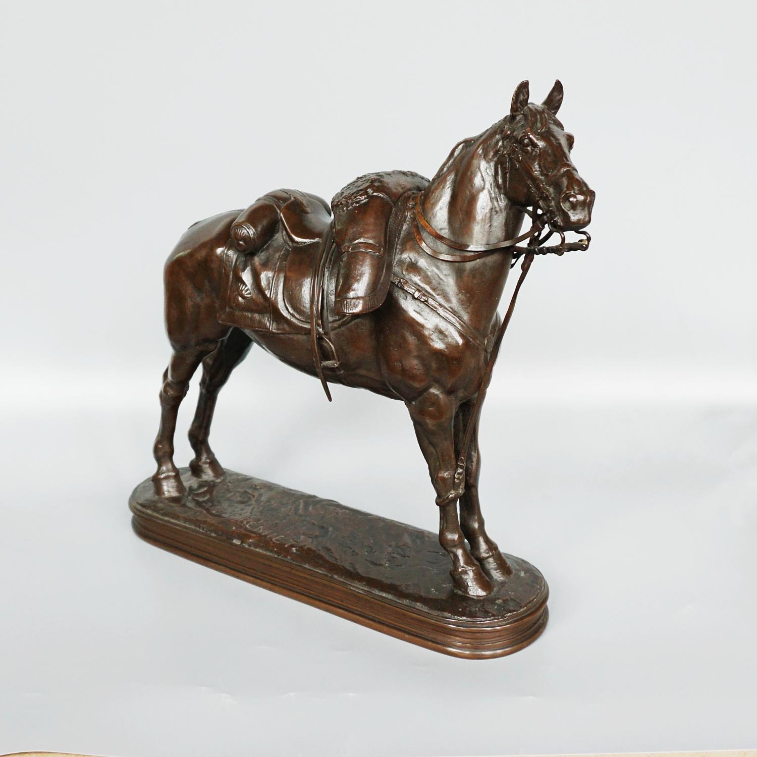 A mid 19th century bronze sculpture of a tethered military horse by Emmanuel Fremiet (1824-1920). Excellent rich brown patination. The saddle cloth is marked with a cipher of a flame above a sphere and is possibly from the regiment of engineers.