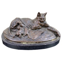 Emmanuel Fremiet Bronze Animal Sculpture of Cat Nursing Kittens