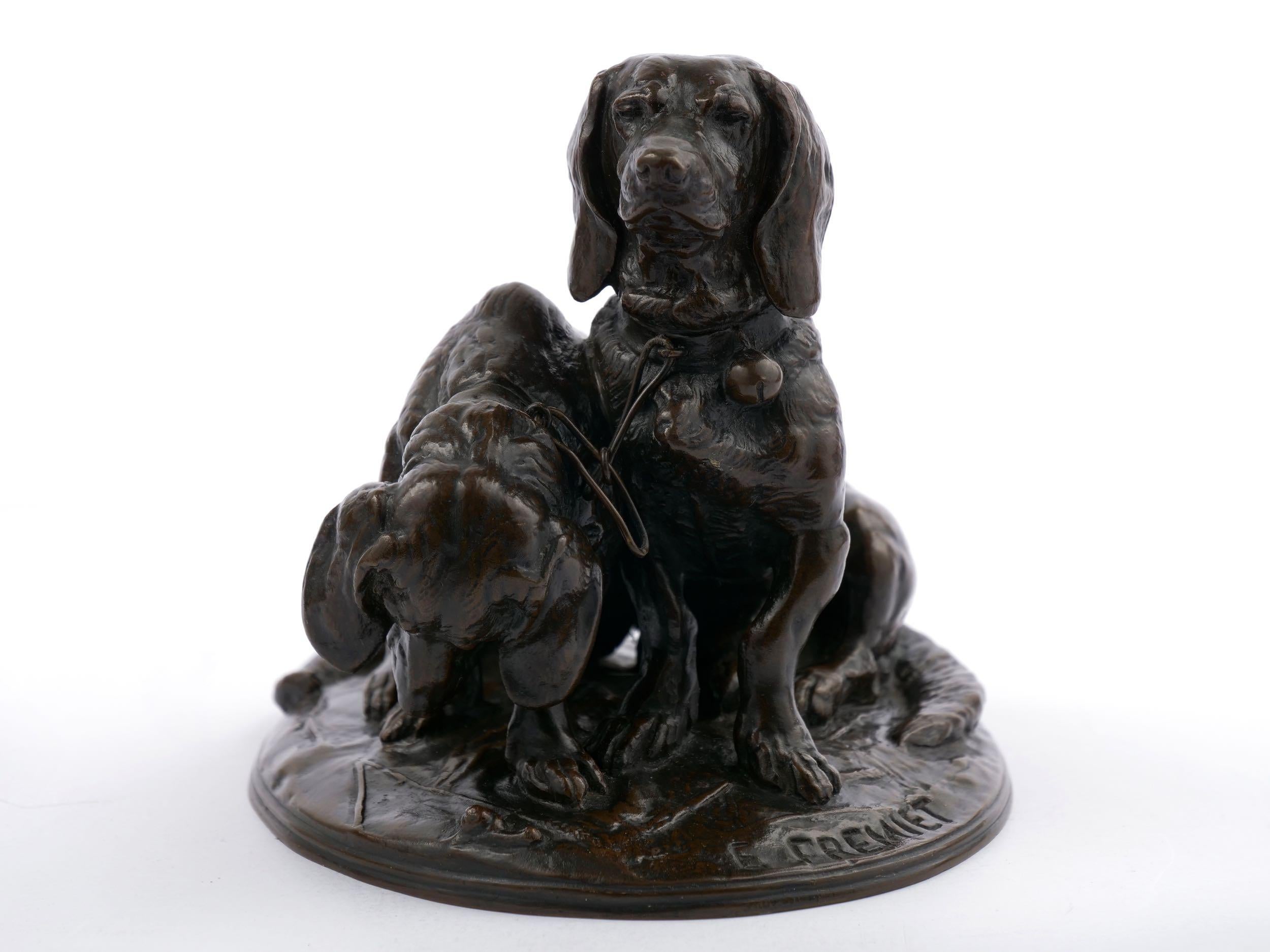 19th Century Emmanuel Fremiet French Antique Bronze Sculpture of Two Basset Hound Dogs