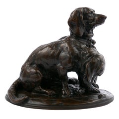 Emmanuel Fremiet French Antique Bronze Sculpture of Two Basset Hound Dogs