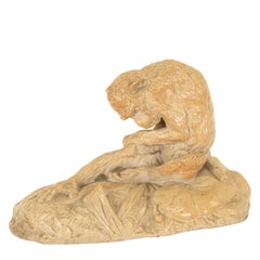 Antique French Sevres Terracotta Ceramic Monkey Snail Animalier Statue Sculpture