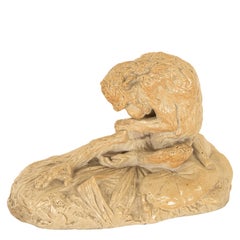 Antique French Sevres Terracotta Ceramic Monkey Snail Animalier Statue Sculpture