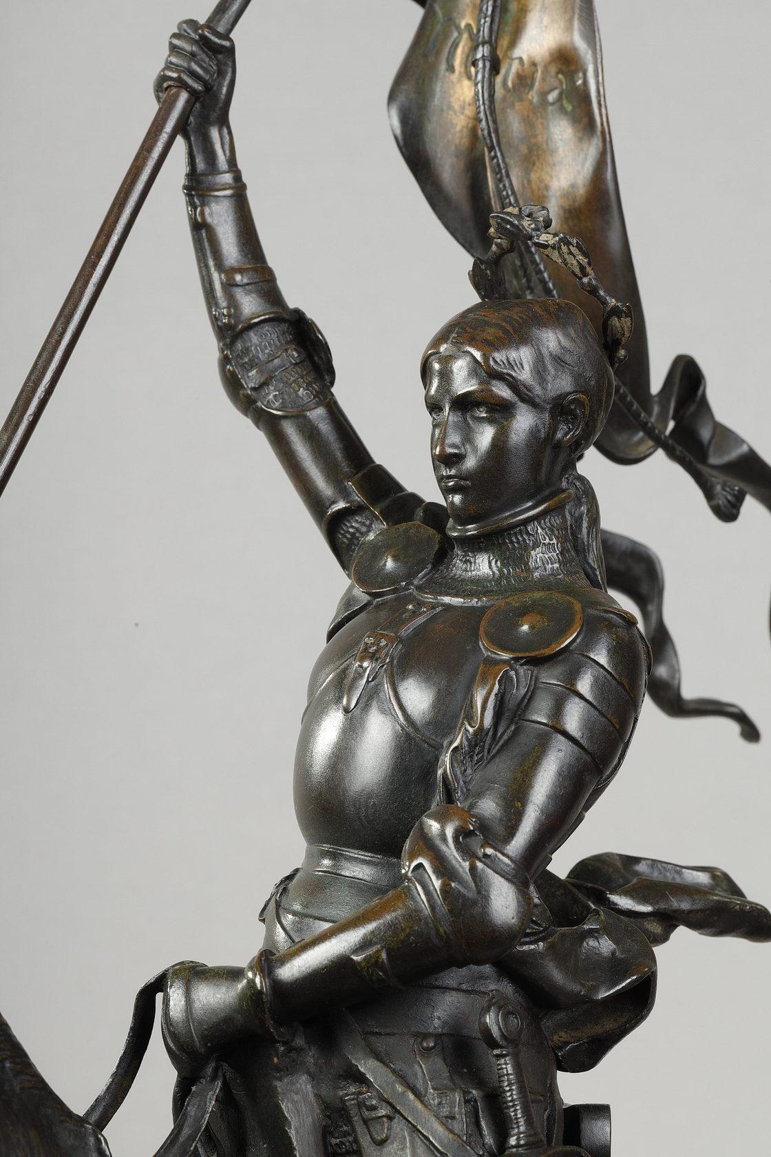 Equestrian Joan of Arc
by Emmanuel FREMIET (1824-1910)
 
A very fine bronze equestrian group with a greenish dark brown patina
signed 