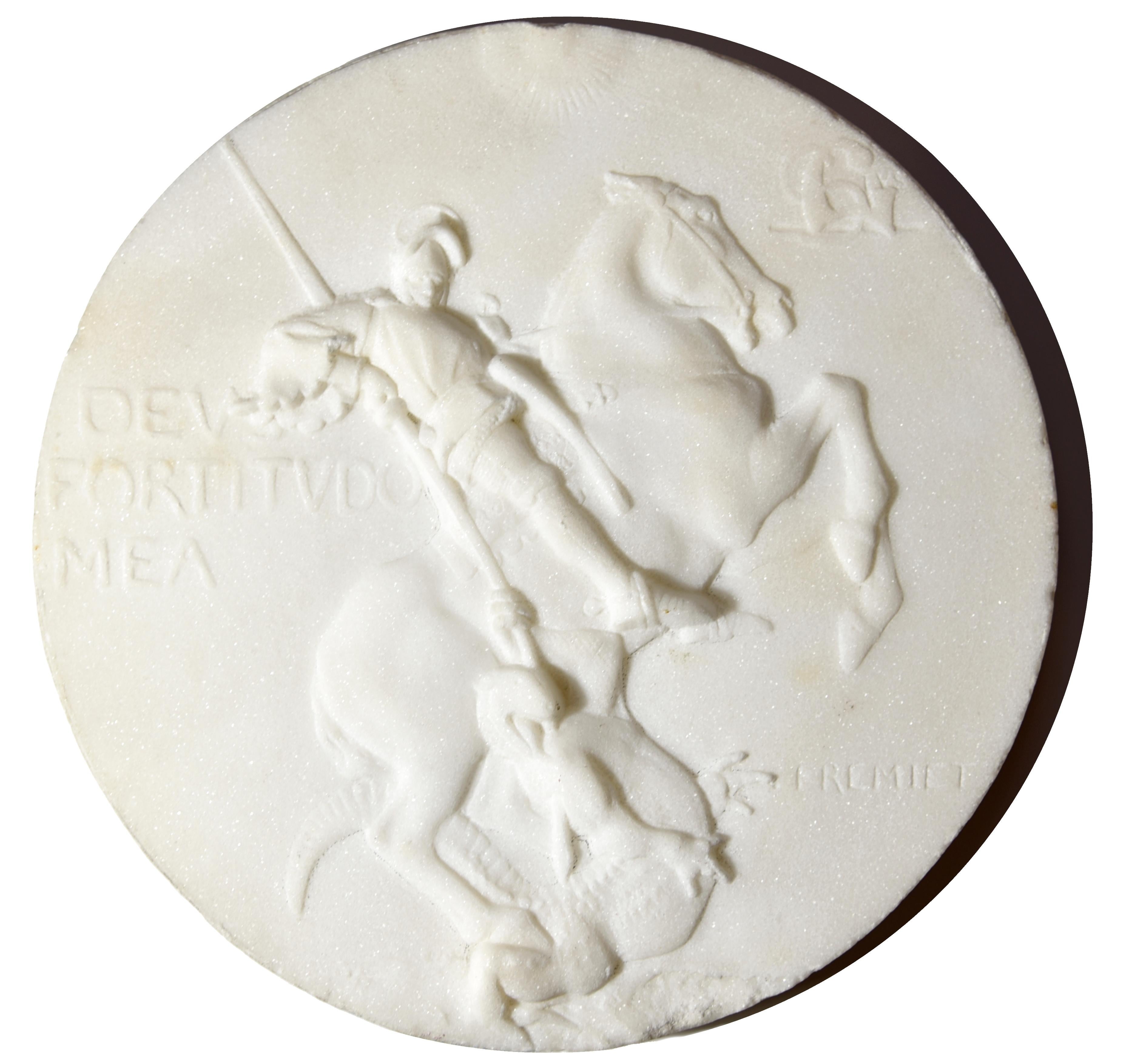 Emmanuel Fremiet Figurative Sculpture - marble medallion of St Georges slaying the dragon