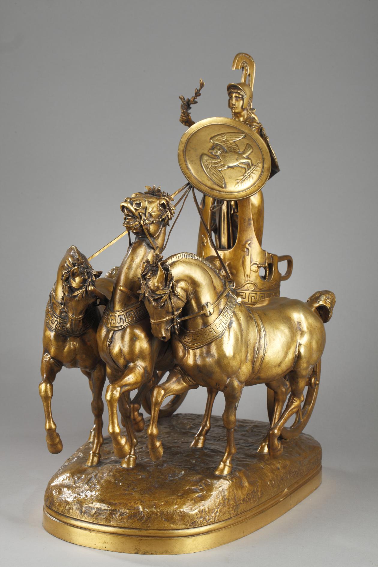 Minerva driving her chariot - Gold Figurative Sculpture by Emmanuel Fremiet