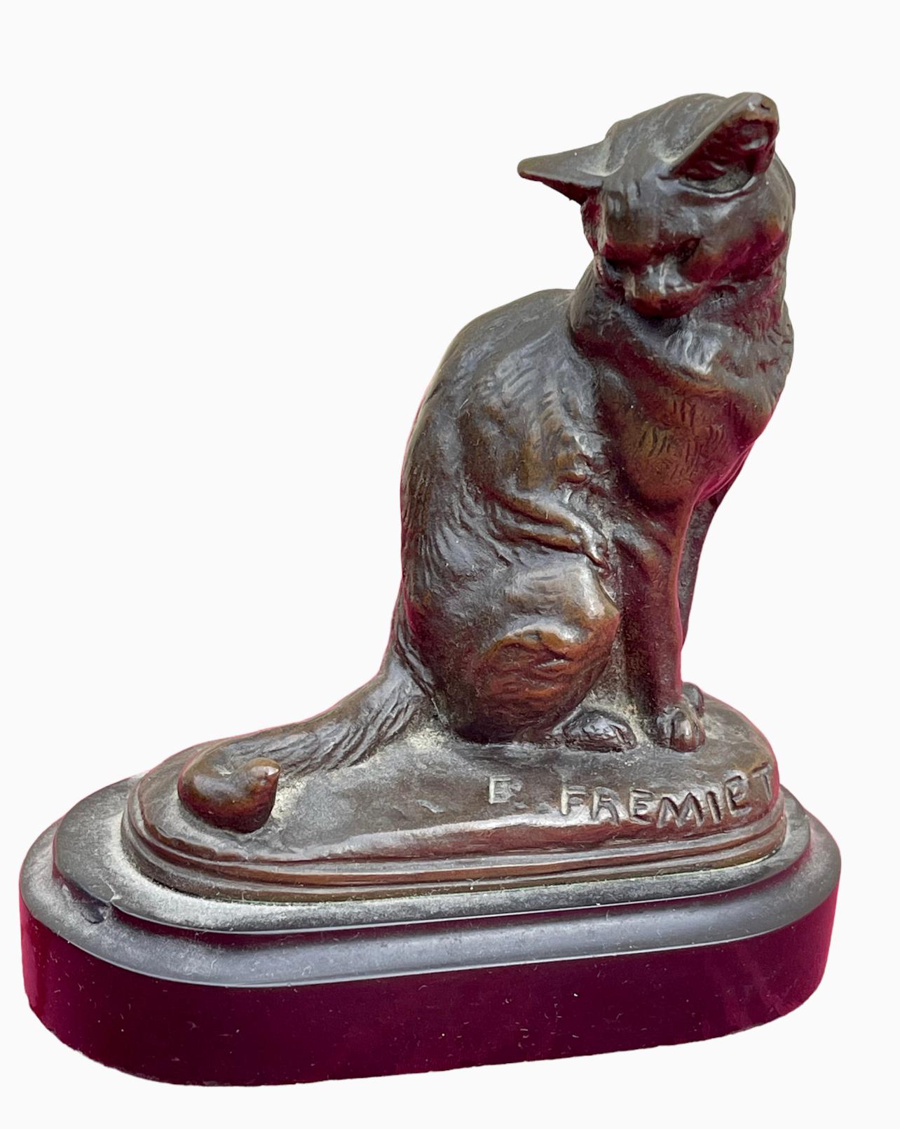 French Emmanuel Fremiet - Seated Cat In Bronze
