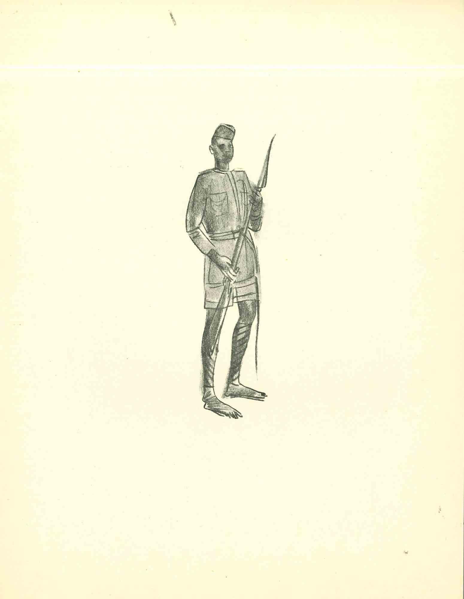 Afrikanischer Soldat ist eine Original-Lithographie, die in den frühen 1930er Jahren von Emmanuel Gondouin (Versailles, 1883 - Parigi, 1934) geschaffen wurde 

Das Kunstwerk ist mit kräftigen Strichen dargestellt und gehört zu einer Serie mit dem