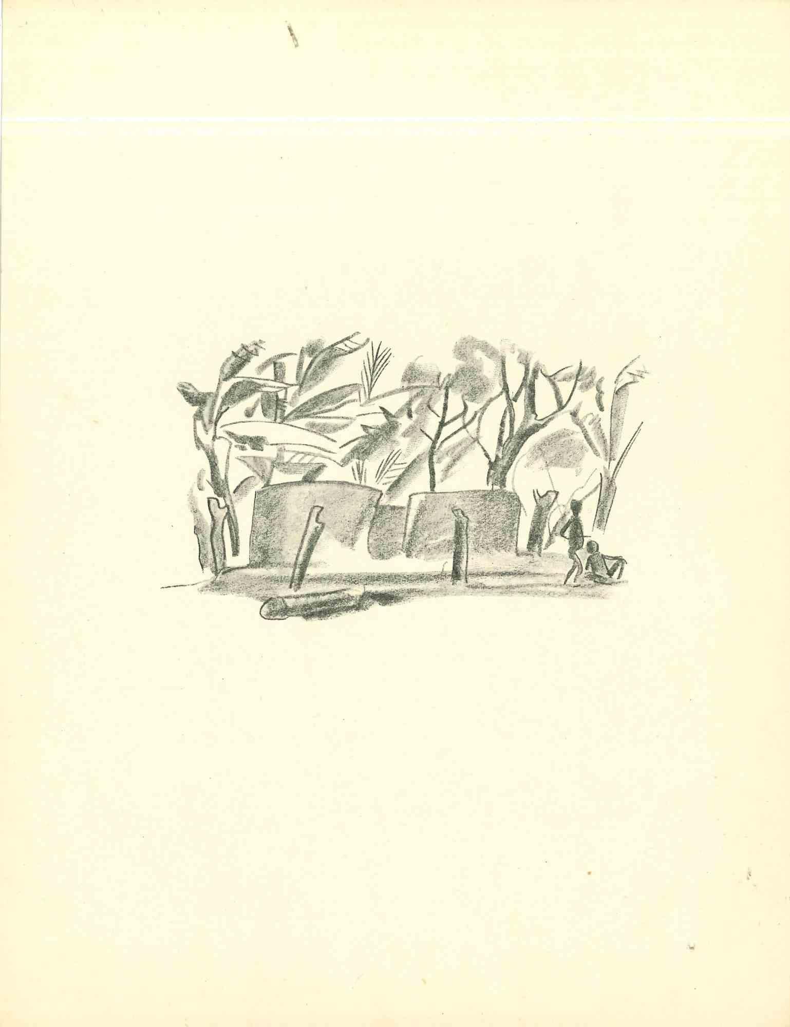 Afrikanisches Dorf  ist eine Original-Lithographie, die in den frühen 1930er Jahren von Emmanuel Gondouin (Versailles, 1883 - Parigi, 1934) hergestellt wurde 

Das Kunstwerk ist mit kräftigen Strichen dargestellt und gehört zu einer Serie mit dem
