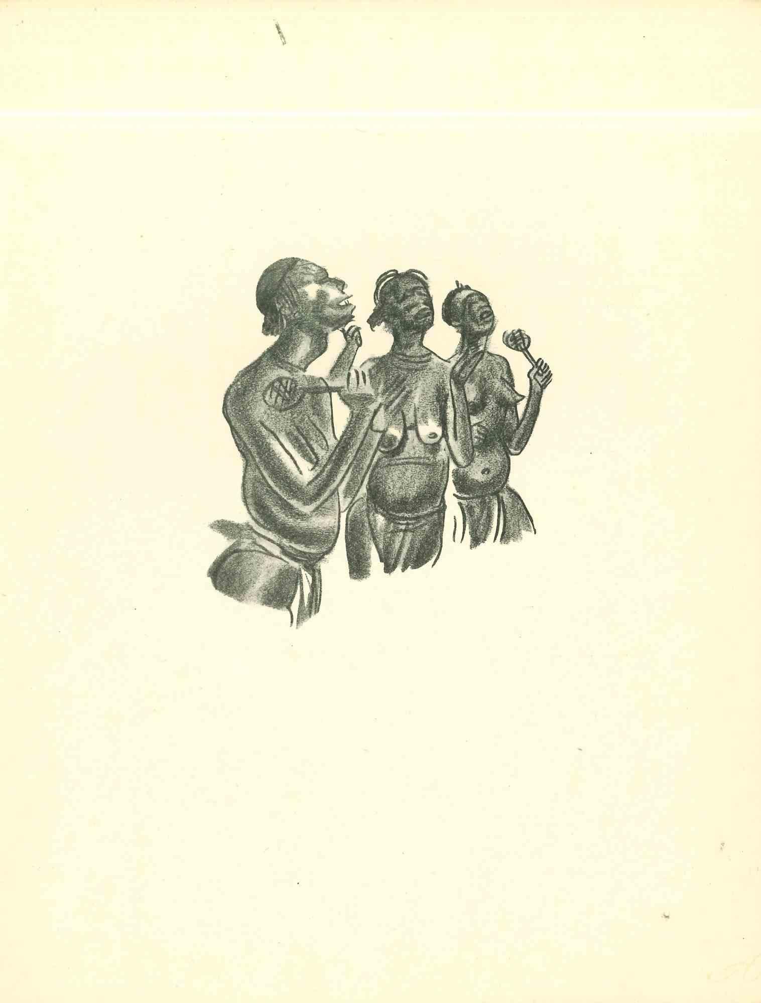 Collective Dance is an original lithograph realized in the early 1930s by Emmanuel Gondouin, (Versailles, 1883 - Parigi, 1934) 
 
The artwork is depicted through strong strokes and is part of a series entitled "Africa". 
 
 
Emmanuel Gondouin is a