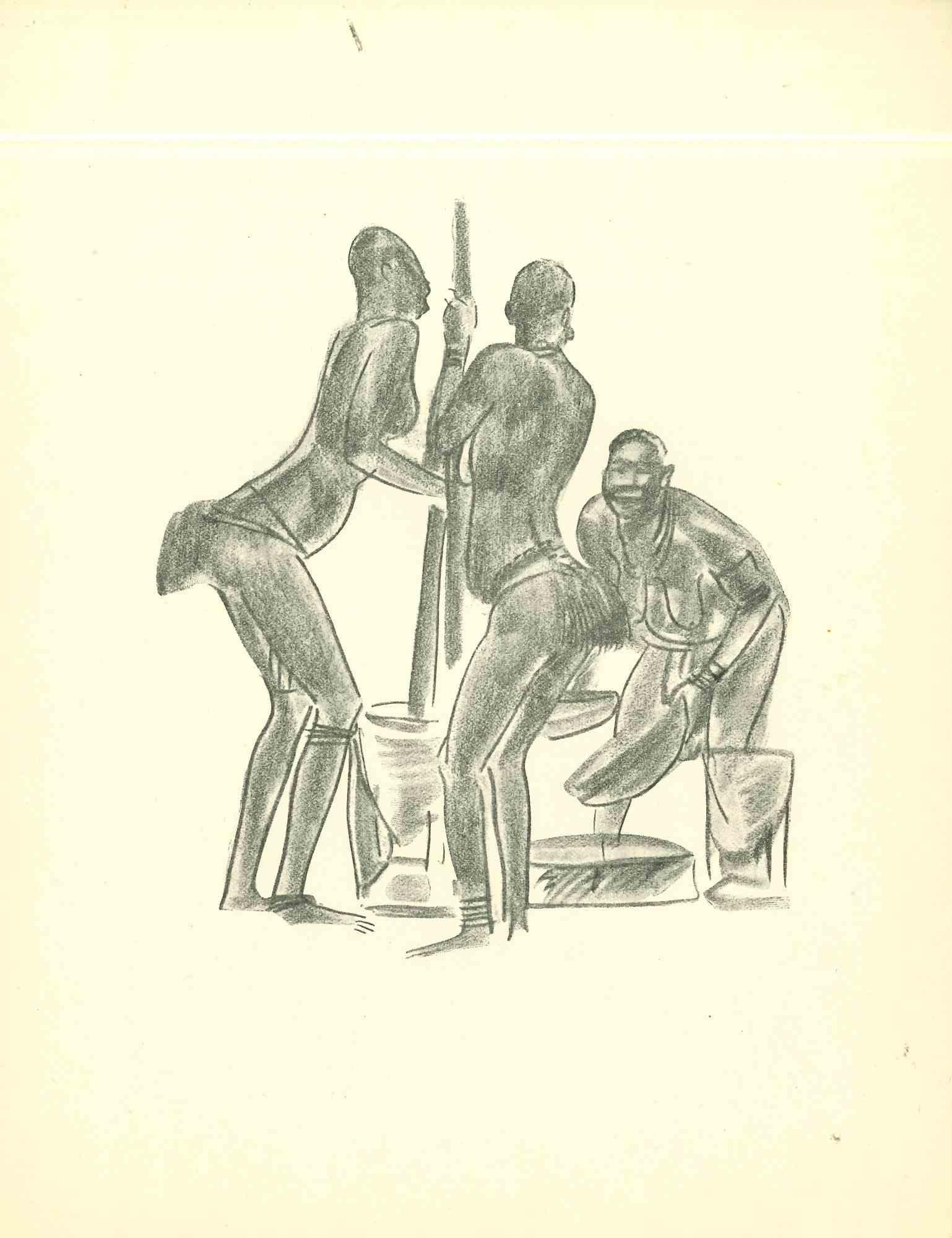 Collective Preparation is an original lithograph realized in the early 1930s by Emmanuel Gondouin, (Versailles, 1883 - Parigi, 1934) 
 
The artwork is depicted through strong strokes and is part of a series entitled "Africa". 
 
 
Emmanuel Gondouin