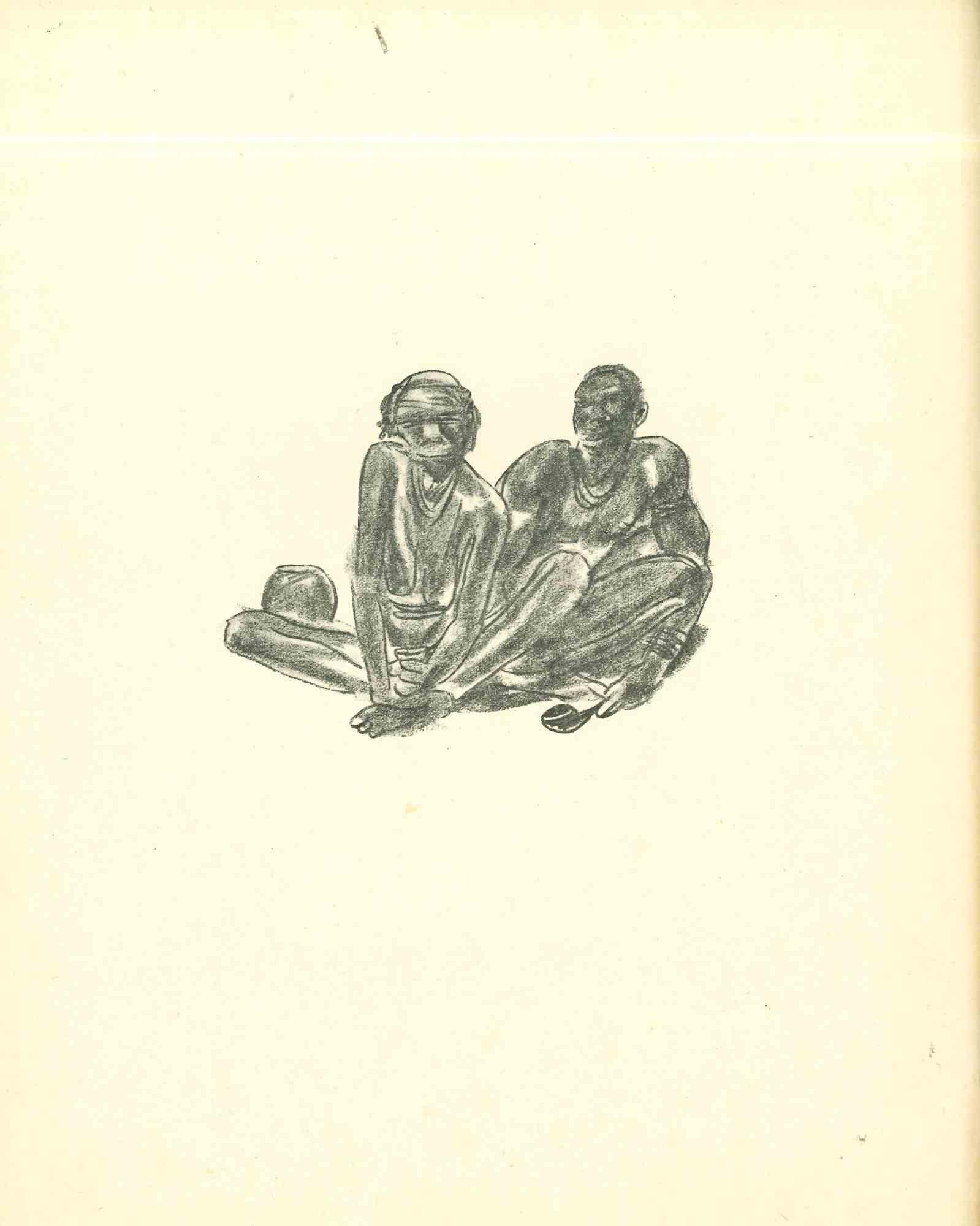 Free Time in Africa is an original lithograph realized in the early 1930s by Emmanuel Gondouin, (Versailles, 1883 - Parigi, 1934) 

 The artwork is depicted through strong strokes and is part of a series entitled "Africa". 

 Emmanuel Gondouin is a