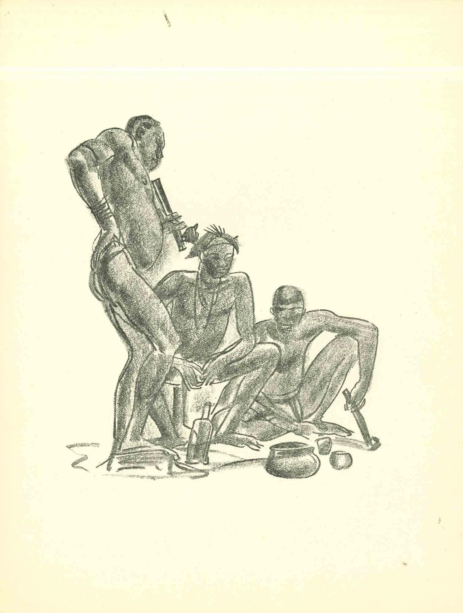 Gathering is an original lithograph realized in the early 1930s by Emmanuel Gondouin, (Versailles, 1883 - Parigi, 1934) 
 
The artwork is depicted through strong strokes and is part of a series entitled "Africa". 
 
 
Emmanuel Gondouin is a French