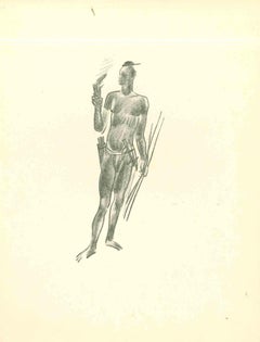 Vintage Tribal Man - Original Lithograph by Emmanuel Gondouin - 1930s