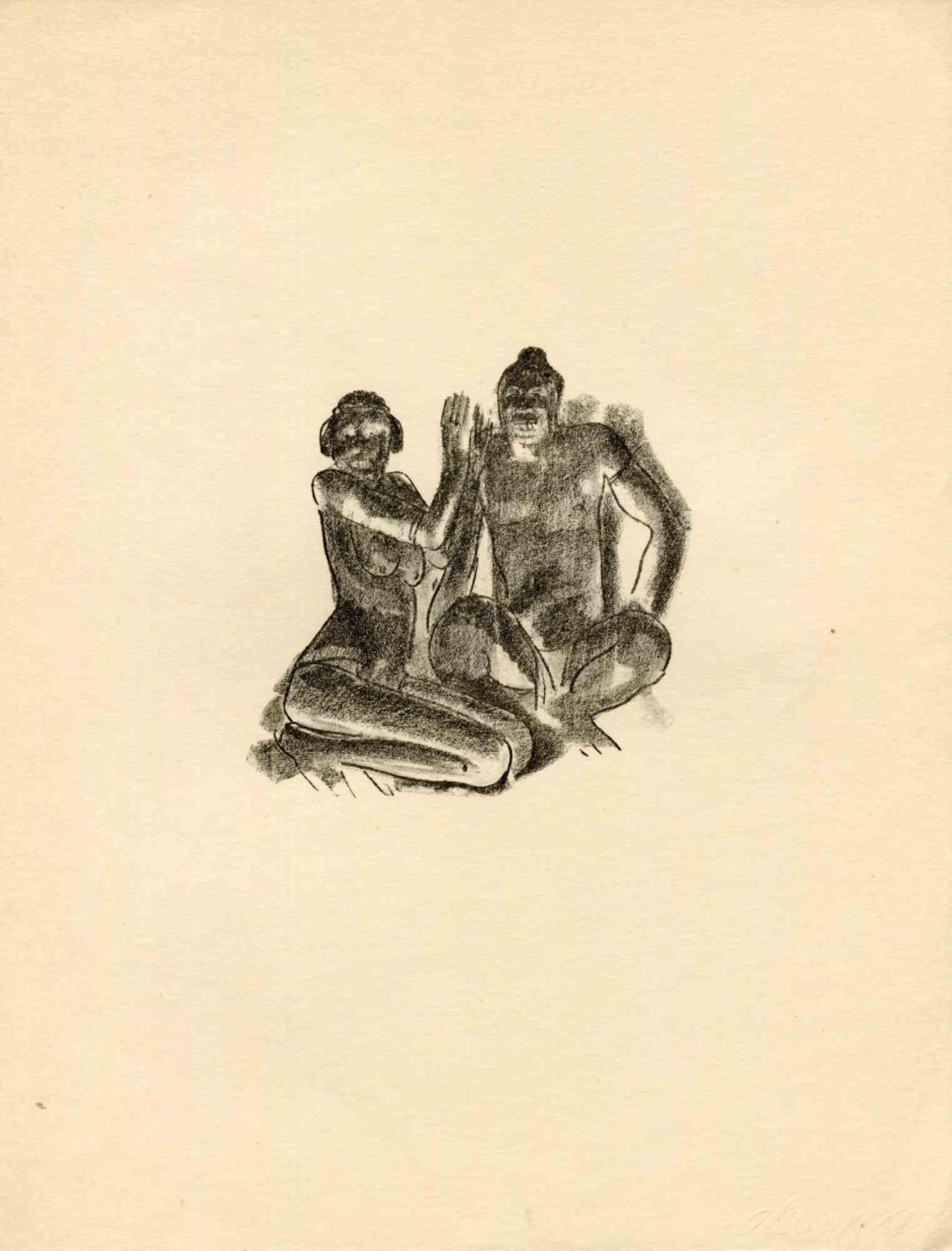 Tribal Men is an original lithograph realized in the early 1930s by Emmanuel Gondouin, (Versailles, 1883 - Parigi, 1934) 
 
The artwork is depicted through strong strokes and is part of a series entitled "Africa". 