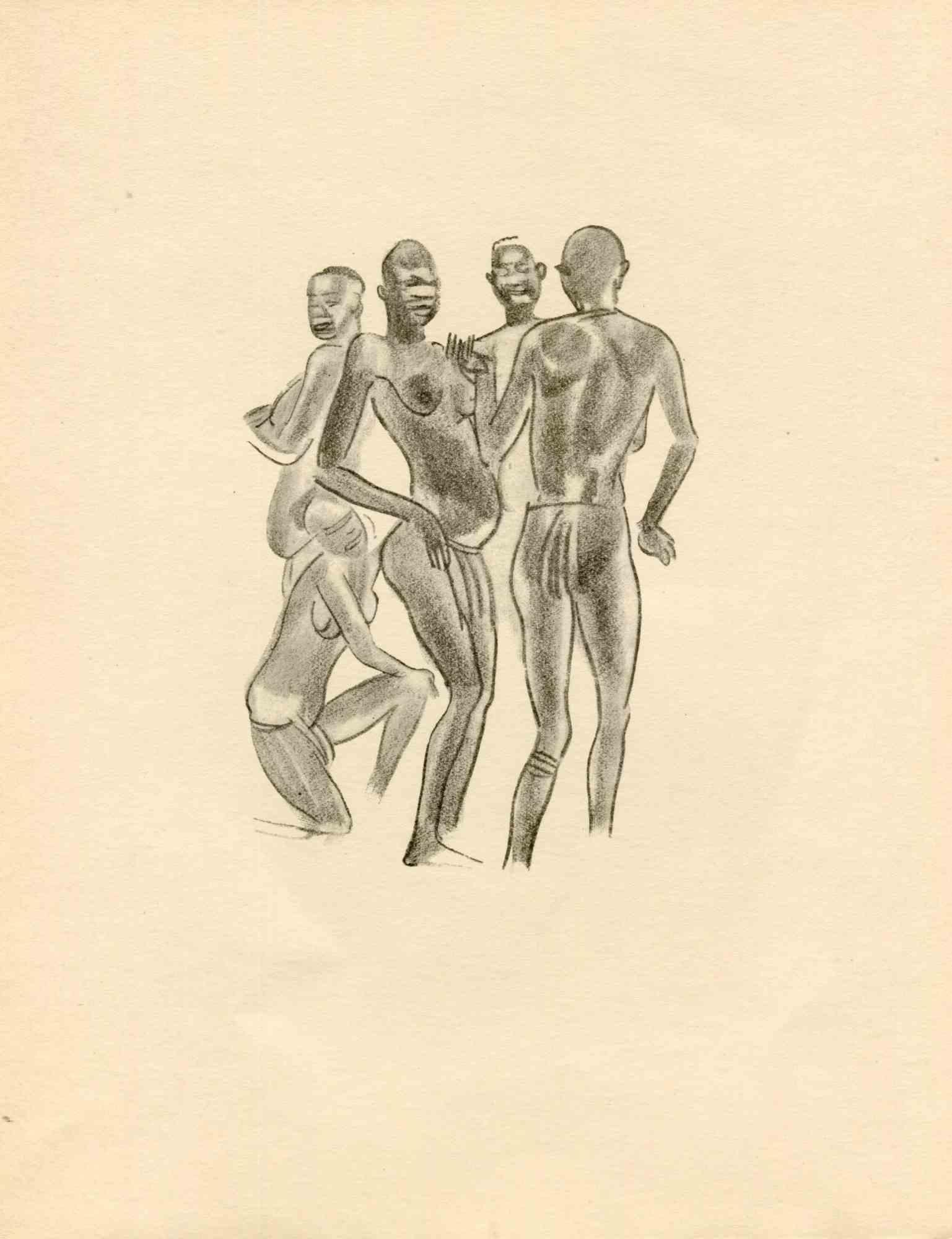 Tribal Men is an original lithograph realized in the early 1930s by Emmanuel Gondouin, (Versailles, 1883 - Parigi, 1934) 
 
The artwork is depicted through strong strokes and is part of a series entitled "Africa". 
 
Emmanuel Gondouin is a French