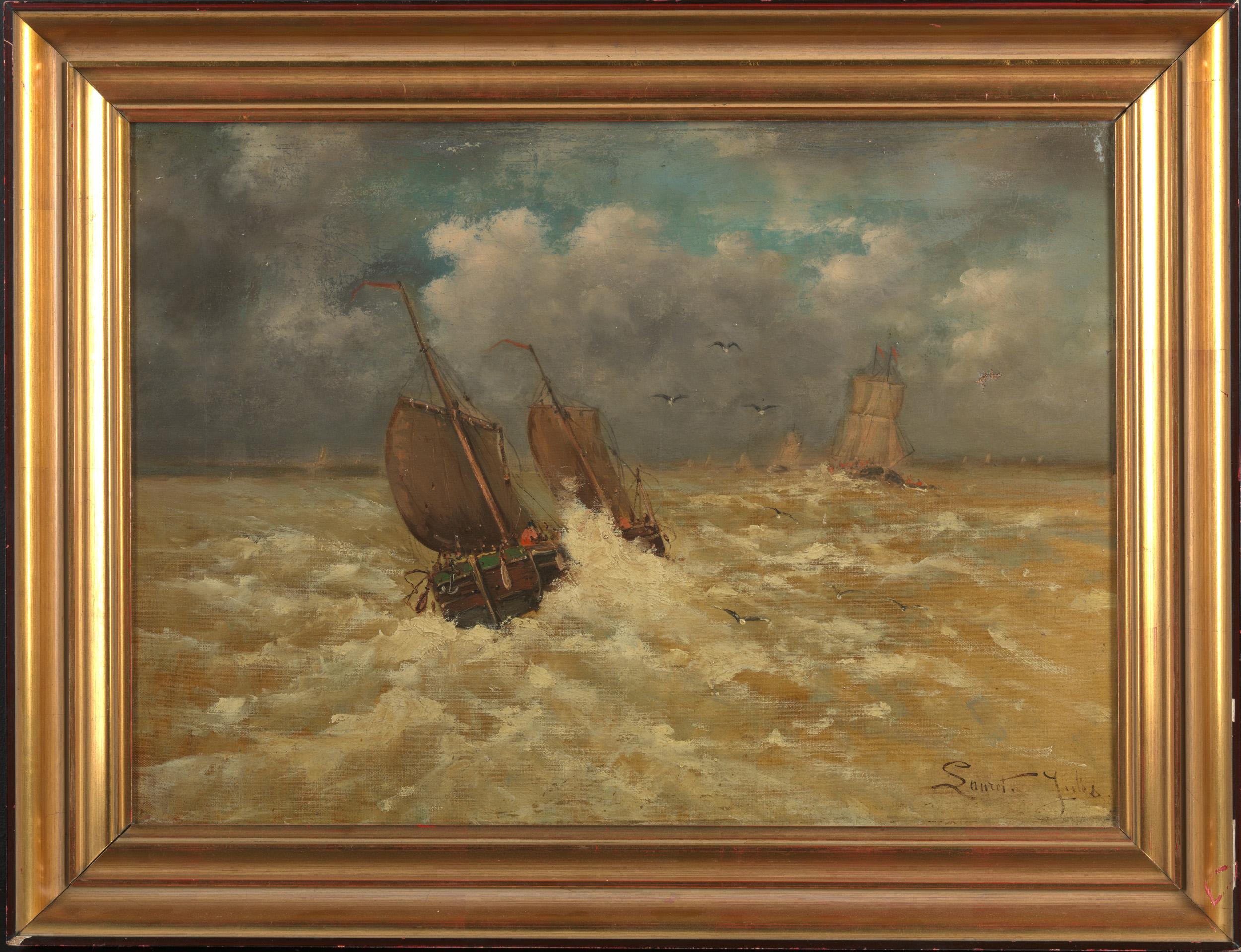 This is a 19th century scene of a wild sea with a boat by the painter Emmanuel Joseph Lauret (1809-1882). A landscape artist of the 19th century embraced a wide-reaching romantic movement and infused their compositions with passion and drama.

The