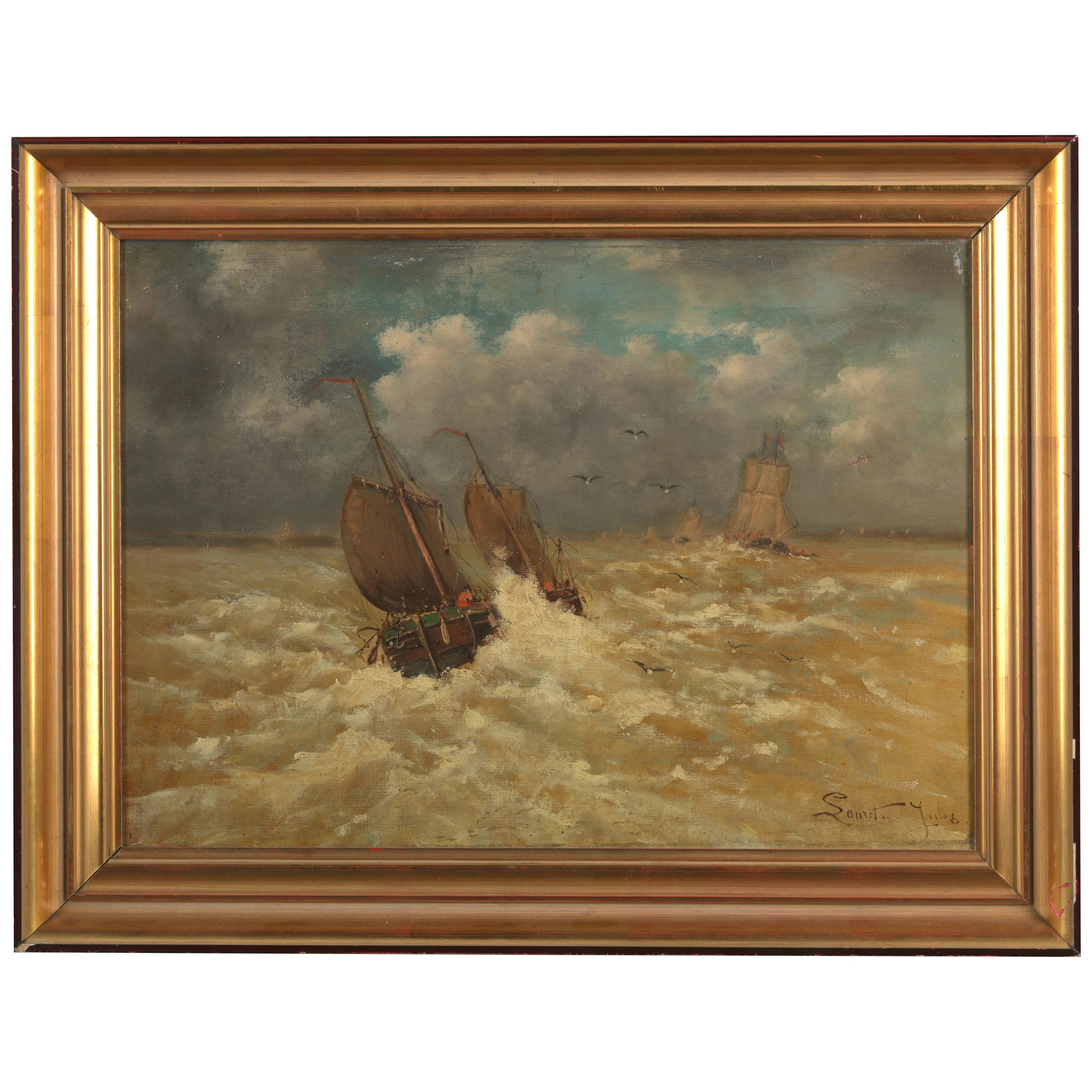 Emmanuel Joseph Lauret, Boat on the Wild Sea, Oil on Canvas, Framed