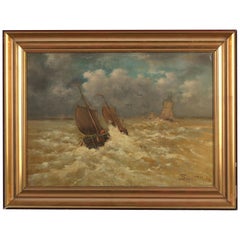 Antique Emmanuel Joseph Lauret, Boat on the Wild Sea, Oil on Canvas, Framed