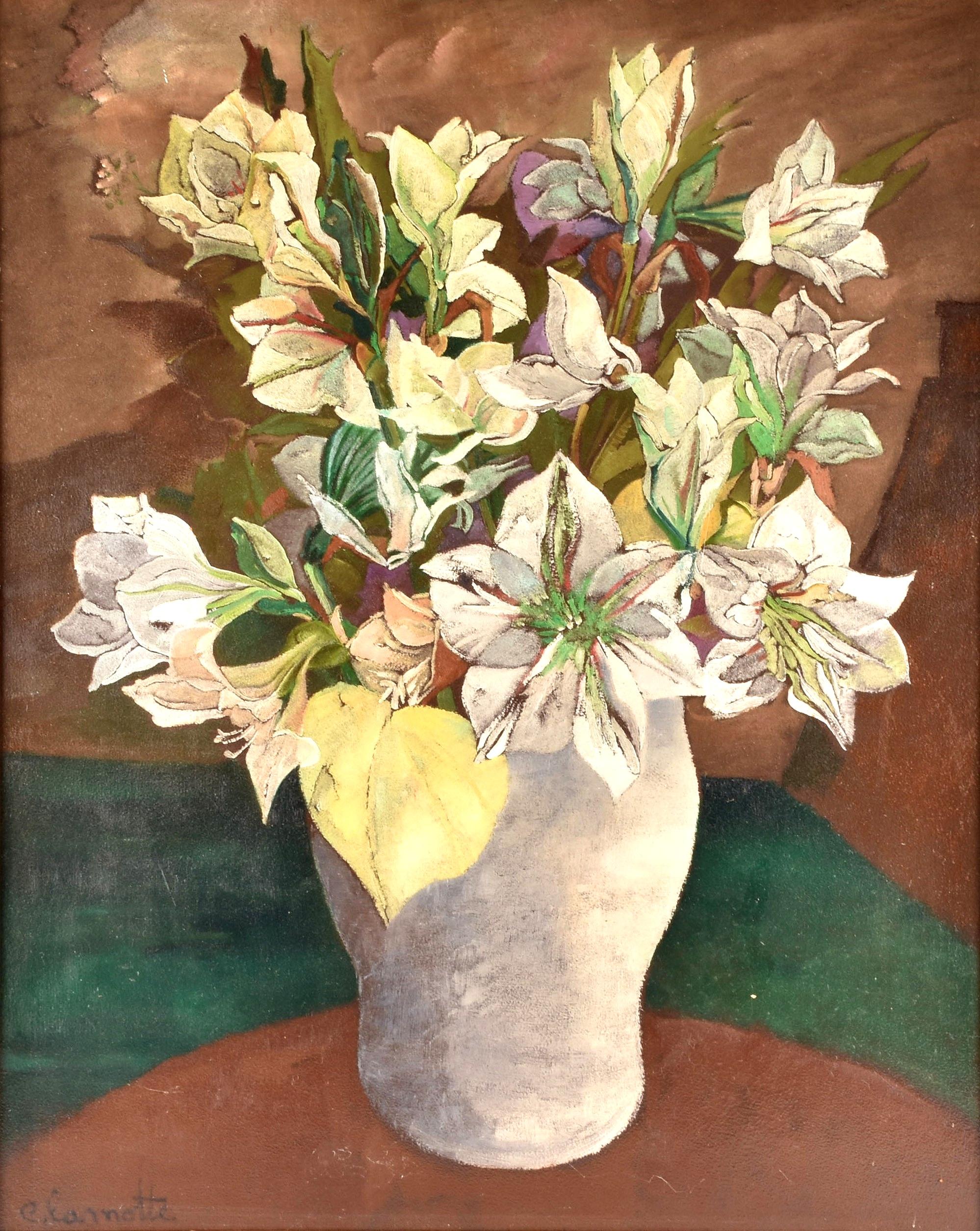 Flowers in a Vase - Large Mid 20th Century French Post Impressionist Painting - Brown Still-Life Painting by Emmanuel Lamotte