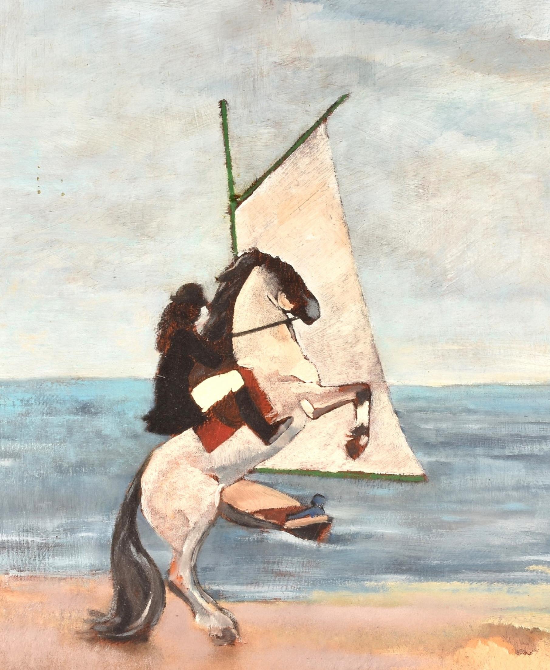 Horse Rider on the Beach - Mid 20th Century French Post Impressionist Painting - Beige Figurative Painting by Emmanuel Lamotte
