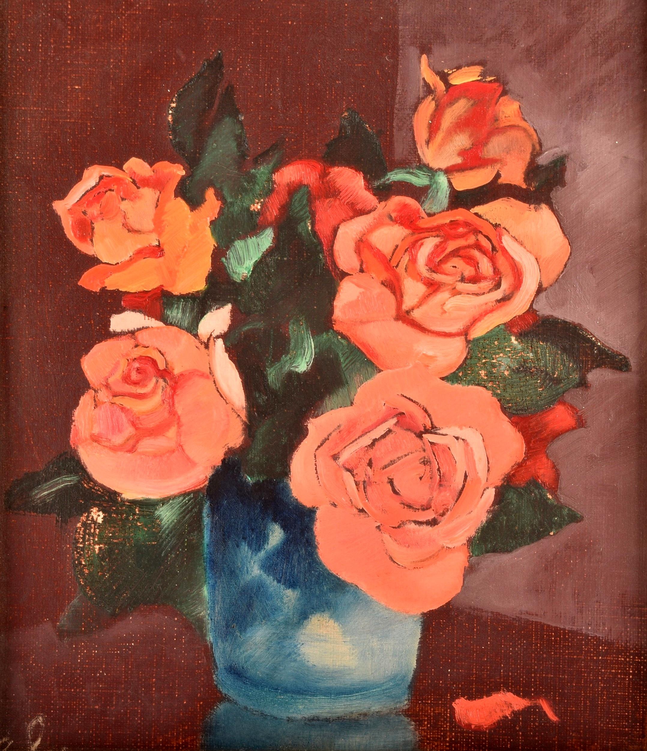 Red Roses - Mid 20th Century French Post Impressionist Still Life Oil Painting - Brown Still-Life Painting by Emmanuel Lamotte