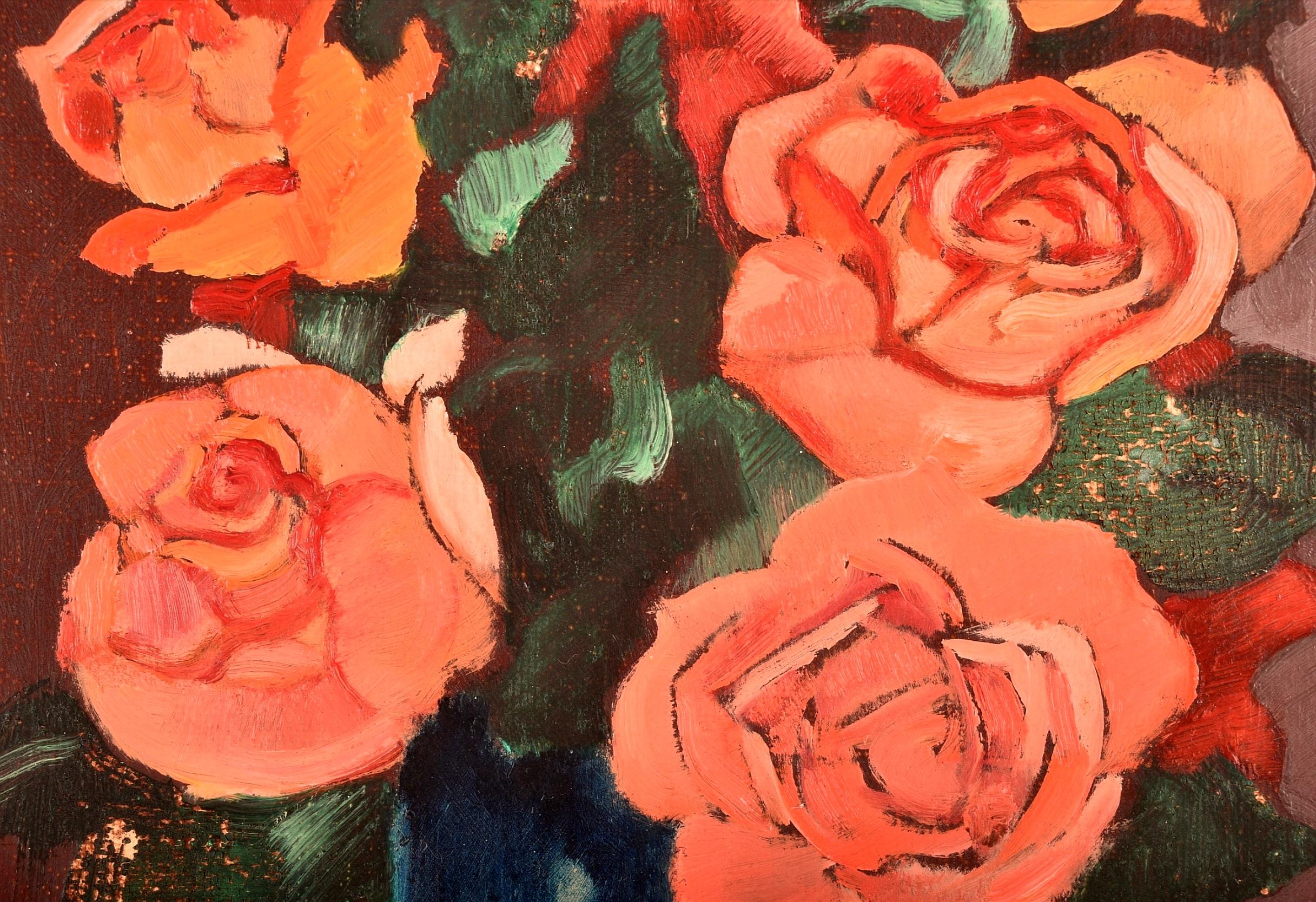 A beautiful mid 20th century French post-impressionist oil on canvas still life depicting red roses in a blue vase, by Emmanuel Lamotte. The work is signed with initials lower left and presented in a very good quality Delf frame.

Artist: Emmanuel