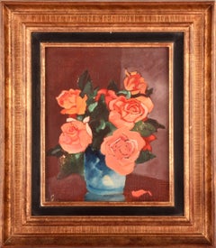 Red Roses - Mid 20th Century French Post Impressionist Still Life Oil Painting