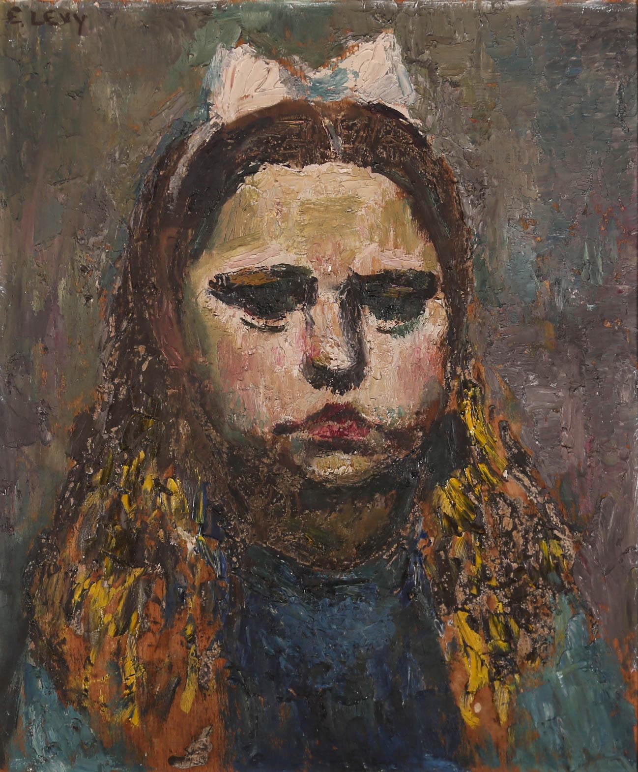 A striking head and shoulder portrait of a young girl, painted in think impasto by Northern artist Emmanuel Levy (1900-1986). Levy has incorporated the painting's wooden base into the piece with areas left exposed, adding even more texture and grit