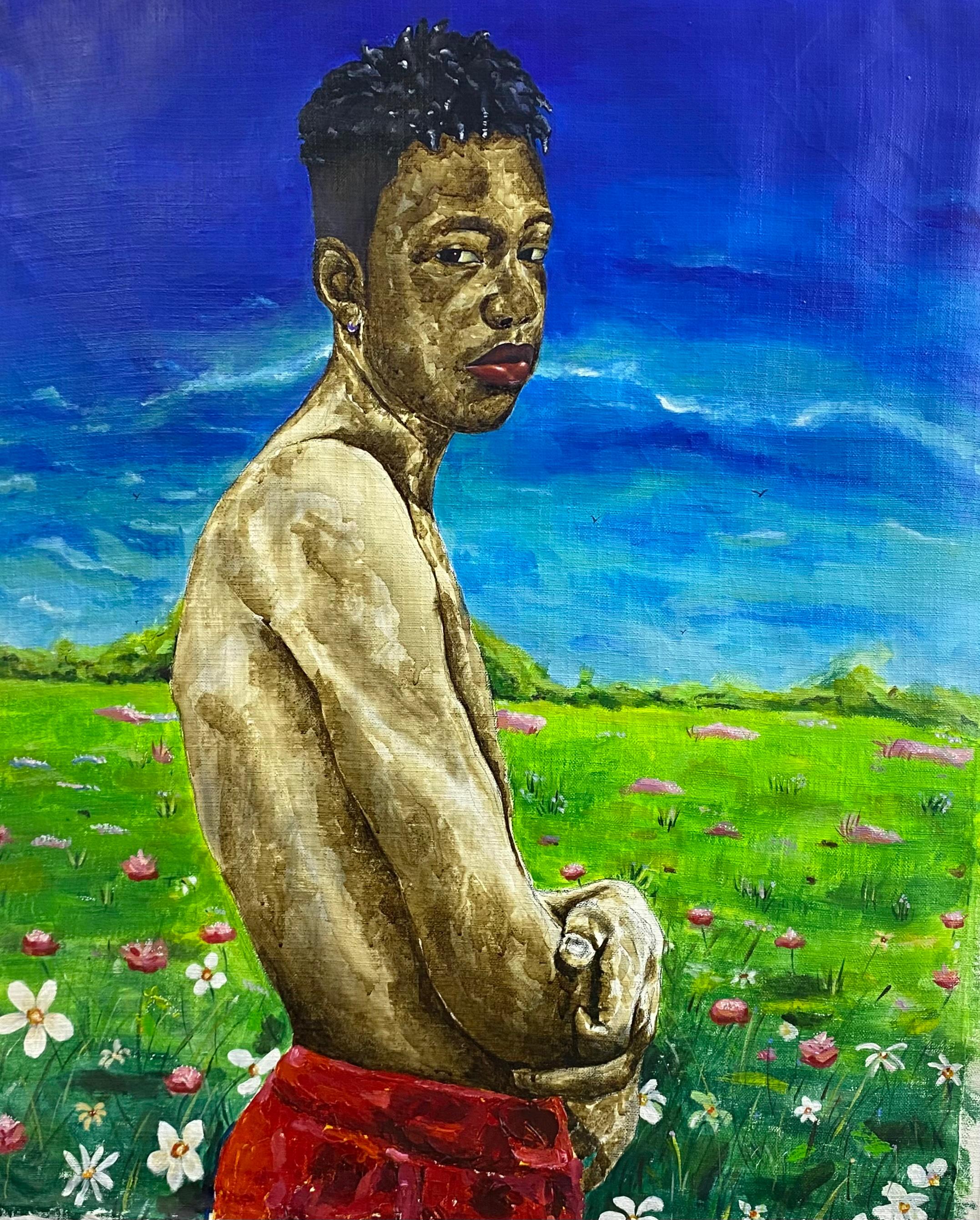 Emmanuel Ojebola Figurative Painting – Echos des Erfolgs und unsichtbare Lasten - 21. Jahrhundert, Contemporary, Garten, Männer
