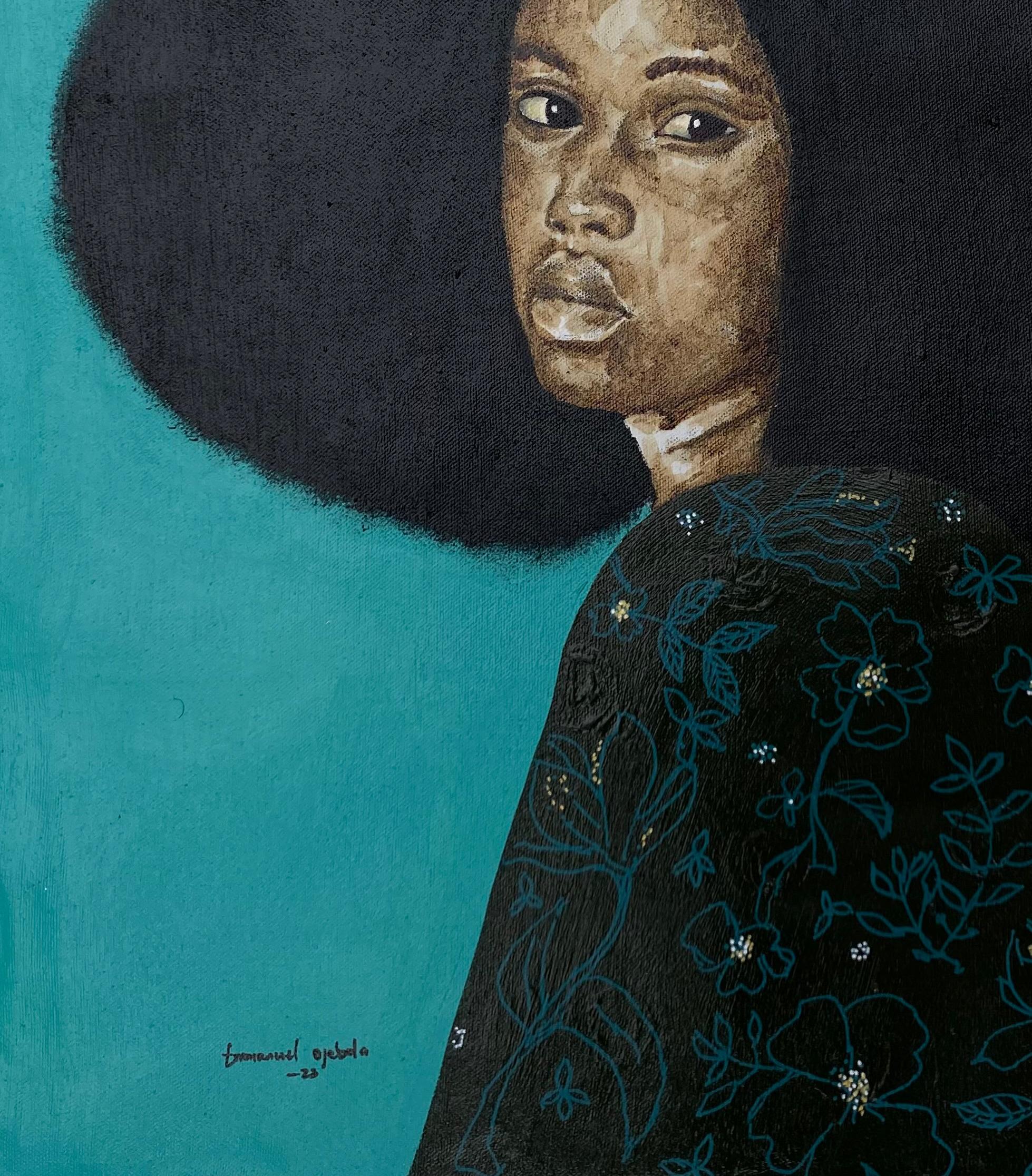 Senza titolo 1 - 21° secolo, Contemporaneo, Figurativo, Donna con grandi capelli afro in vendita 1
