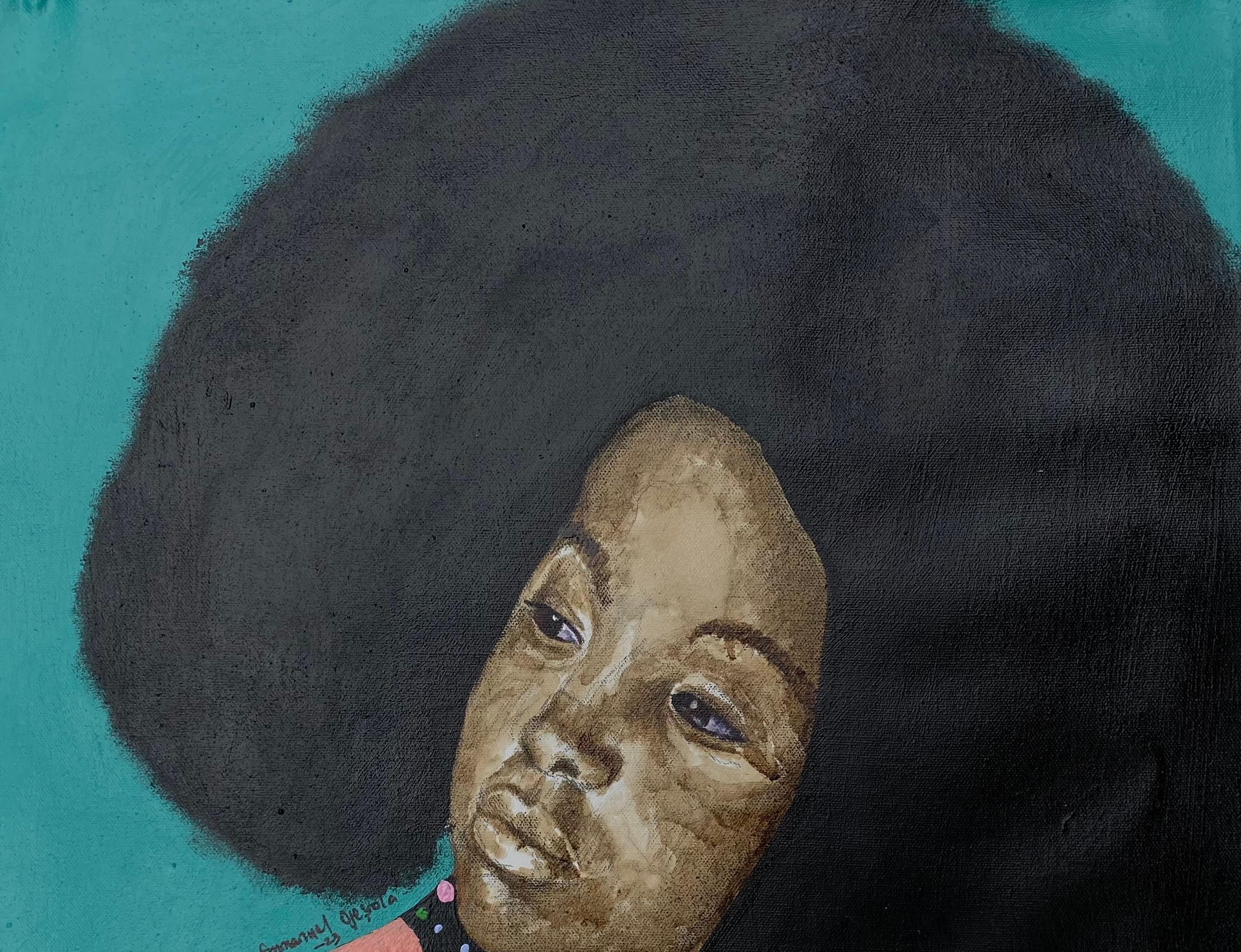 Sin título 2 - Siglo XXI, Contemporáneo, Figurativo, Mujer con gran cabellera afro - Mixed Media Art Expresionista de Emmanuel Ojebola