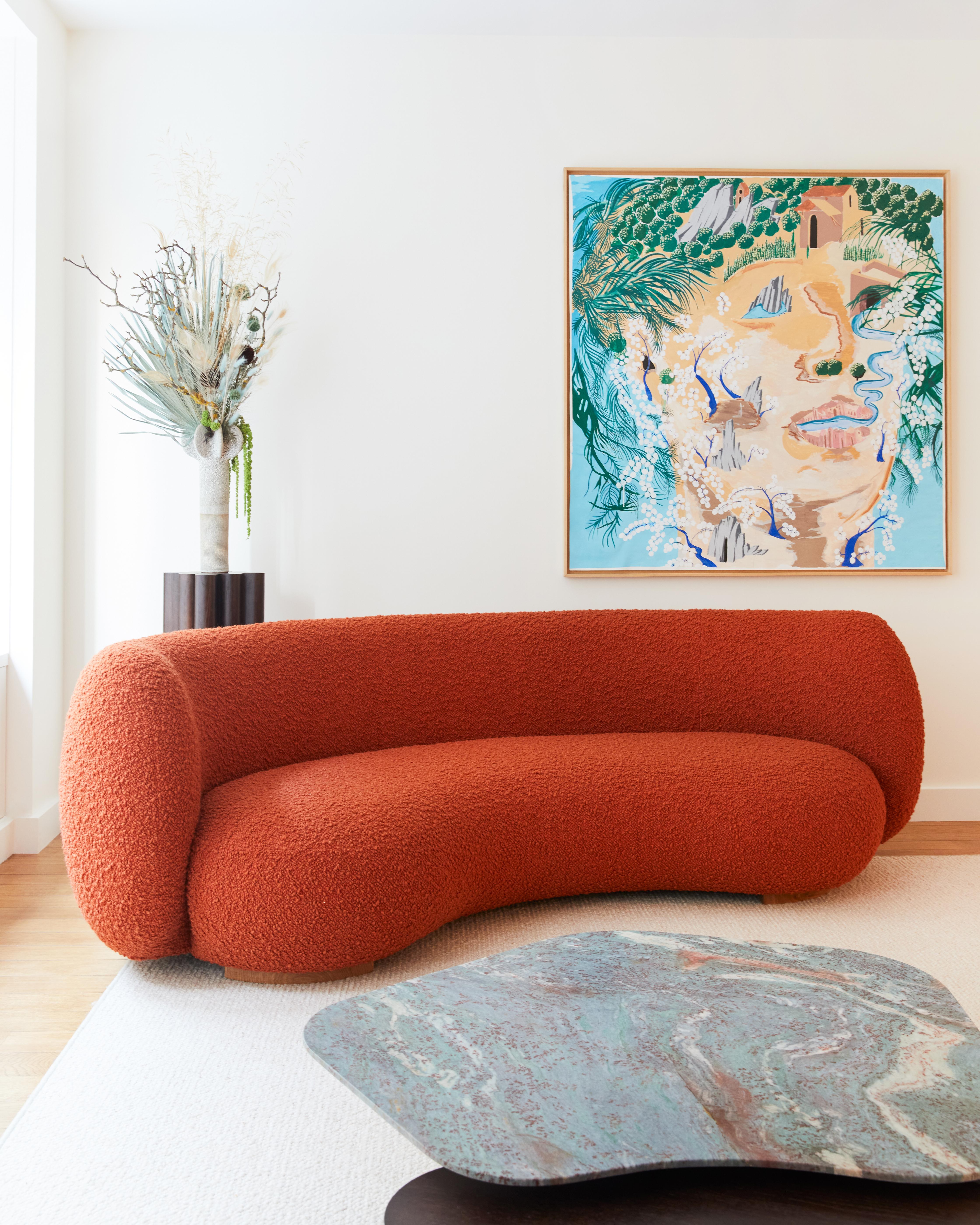 Emmanuel Outy EOS-1 Curved Sofa with Fabric Upholstery, Oak or Brass Feet For Sale 2