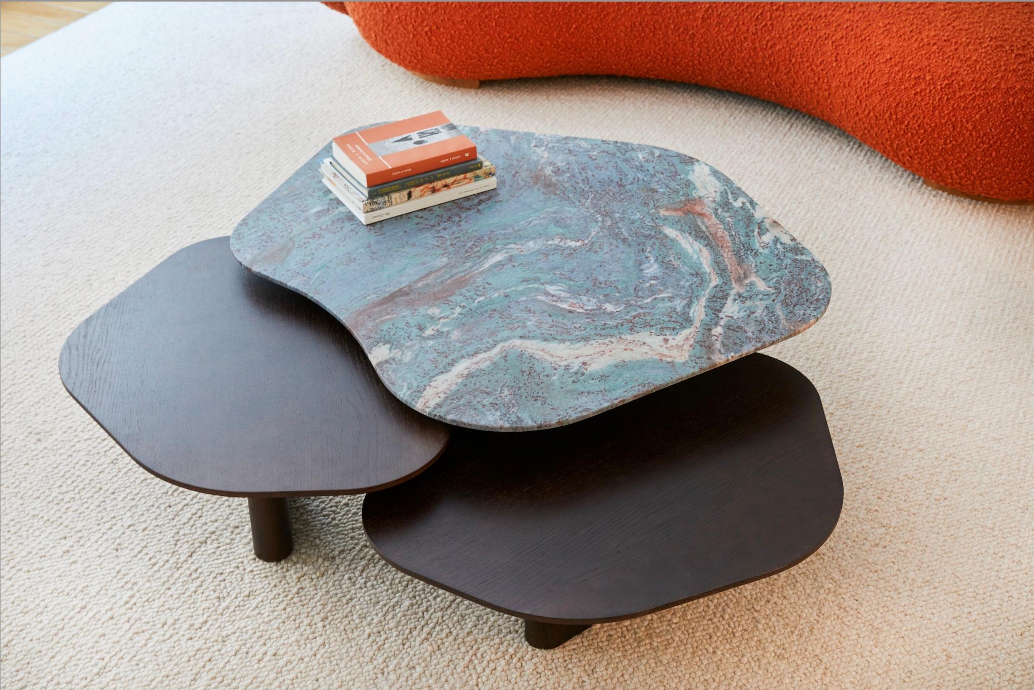 EOT-1 Coffee Table by Emmanuel Outy with Oak Frame and Three Marble or Stone Top For Sale 4