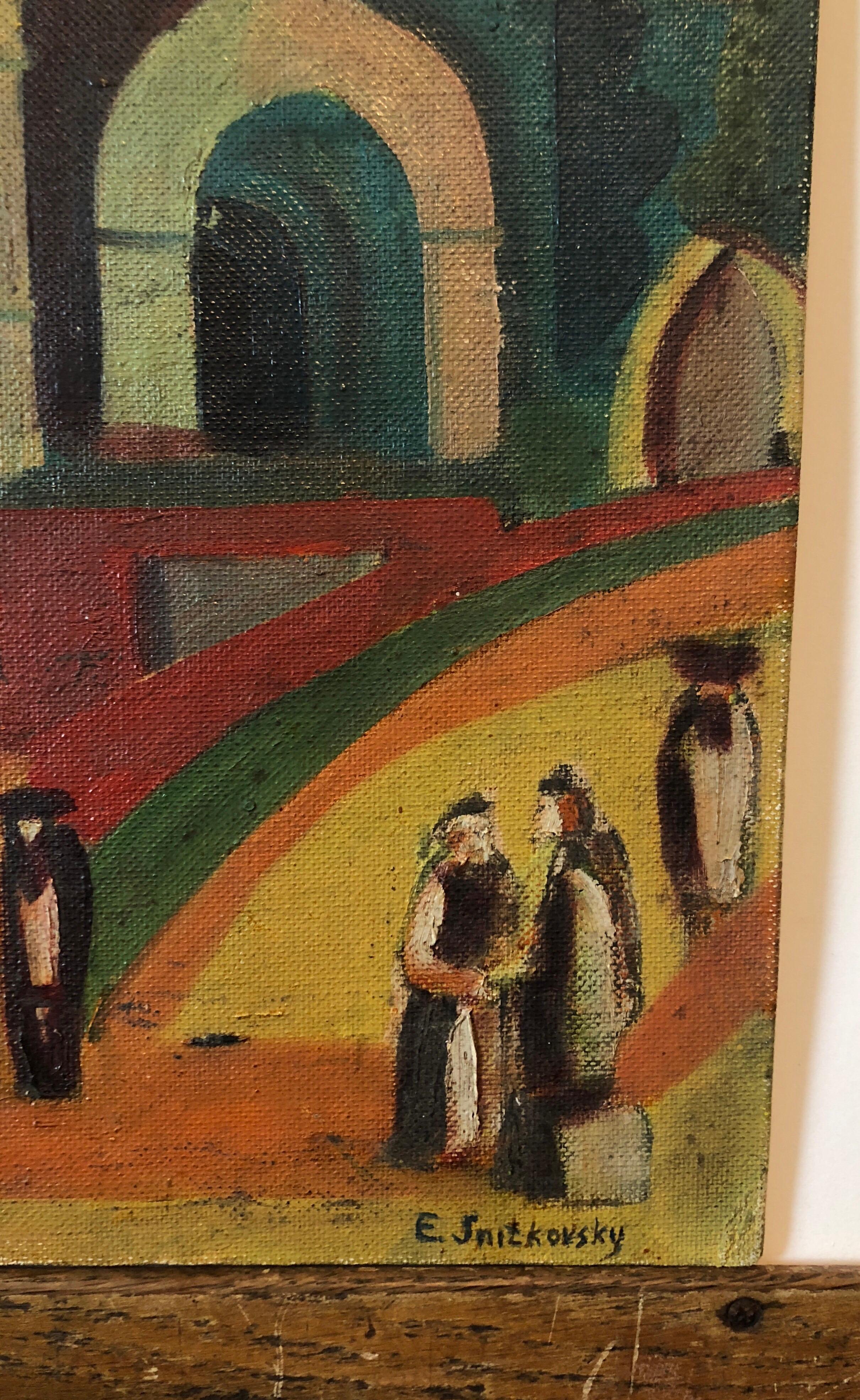 Außerhalb der Synagoge Russisches Judaica Ölgemälde – Painting von emmanuel Snitkovsky