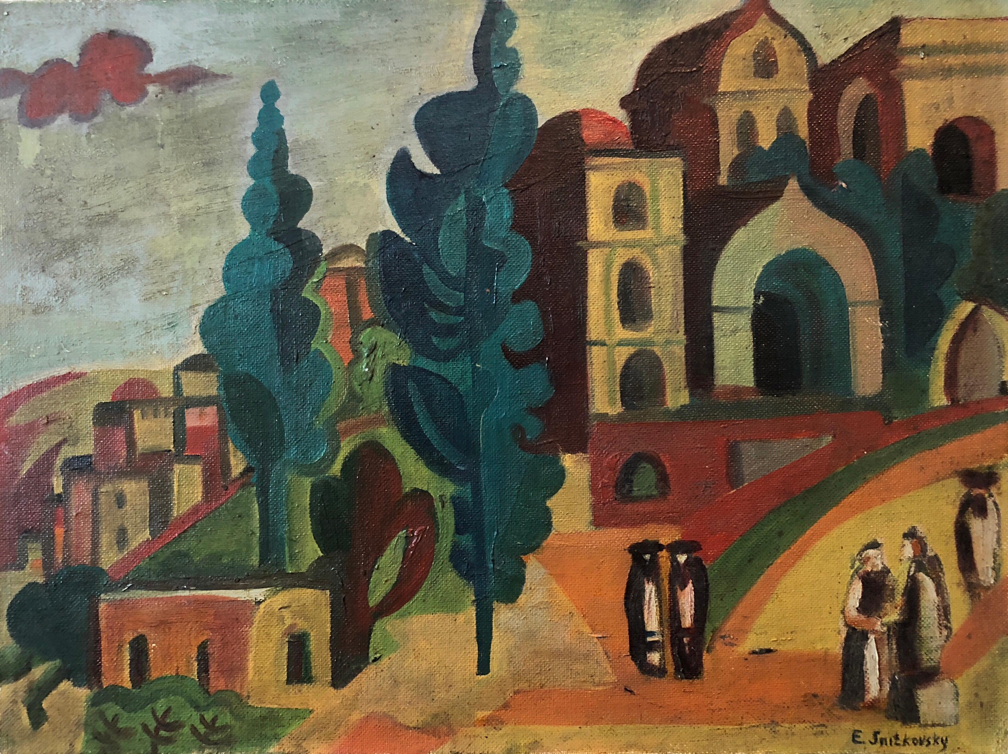 Outside the Synagogue Russian Judaica Oil Painting For Sale 3