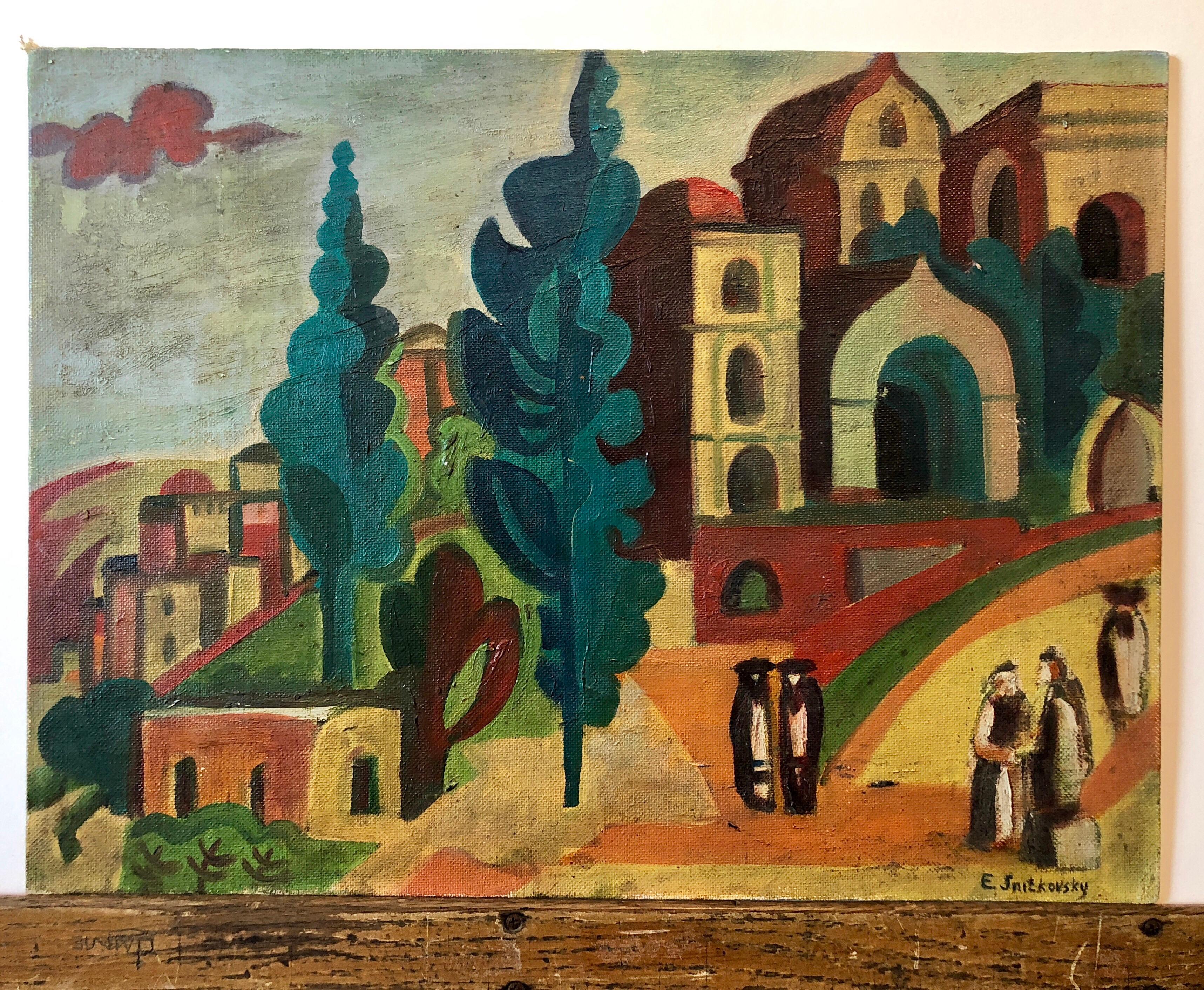 Outside the Synagogue Russian Judaica Oil Painting For Sale 4