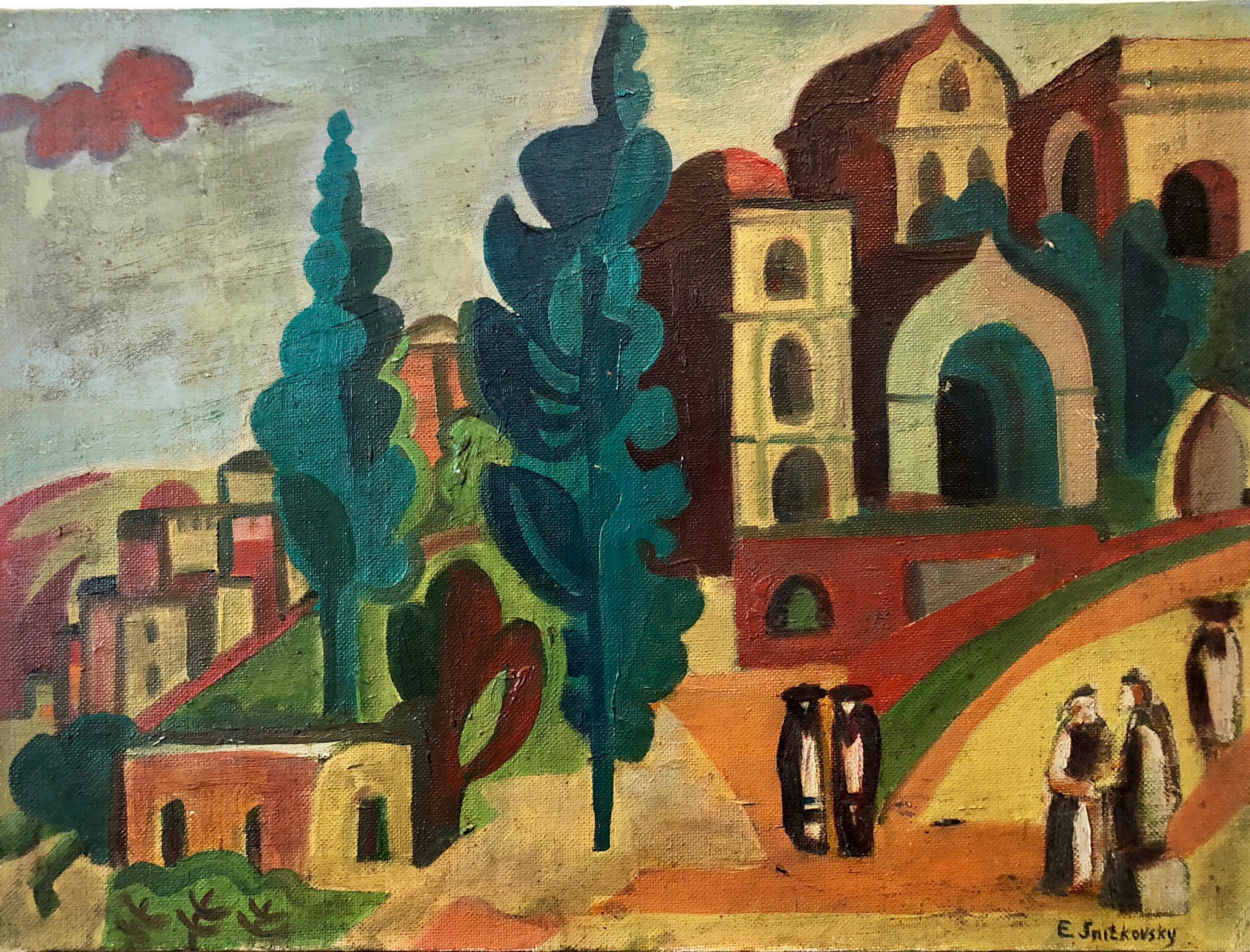 emmanuel Snitkovsky Landscape Painting - Outside the Synagogue Russian Judaica Oil Painting