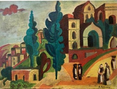 Retro Outside the Synagogue Russian Judaica Oil Painting