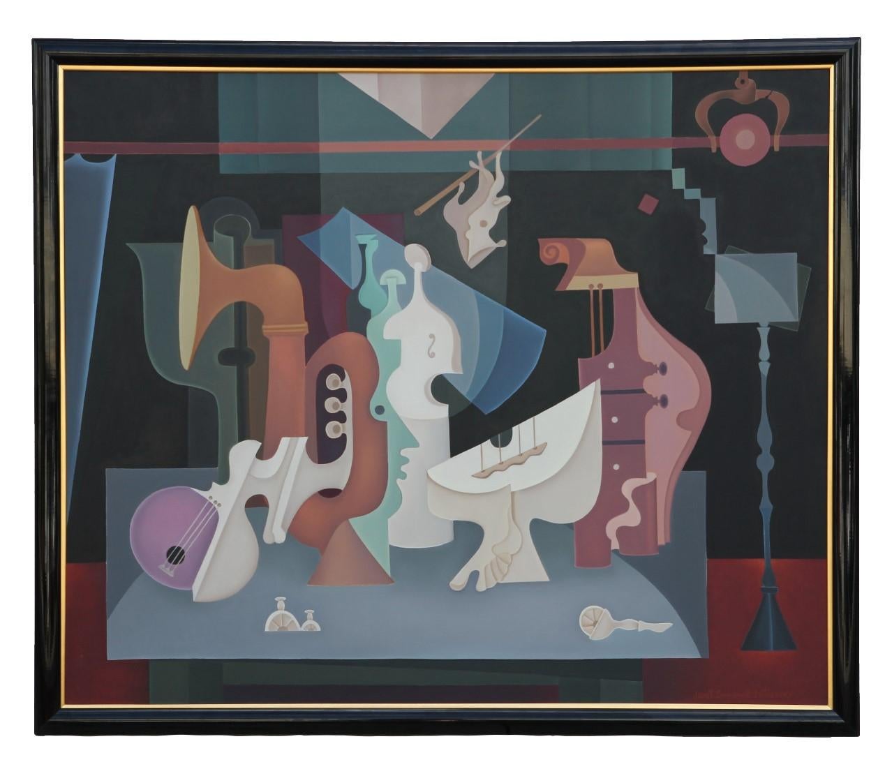 emmanuel Snitkovsky Still-Life Painting - "Symphony Still Life" Cubist Abstract of Instruments in the Style of Picasso