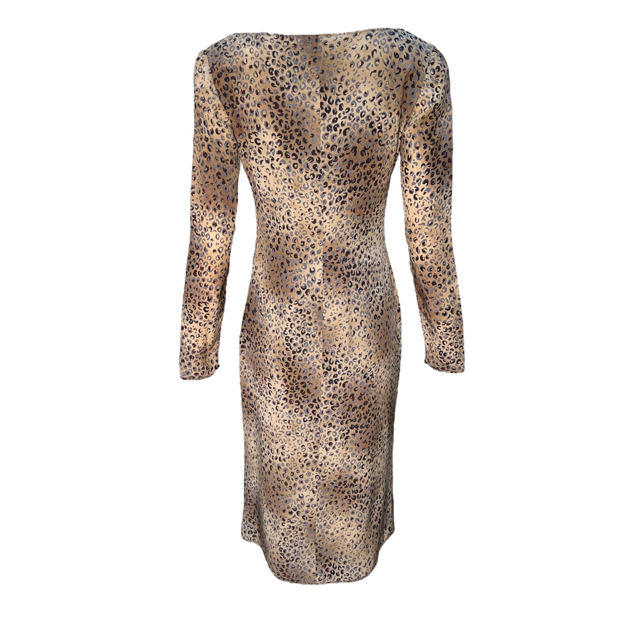 Emmanuel Ungaro Vestido de seda con estampado de guepardo y cuello redondo, años 90 Marrón en venta