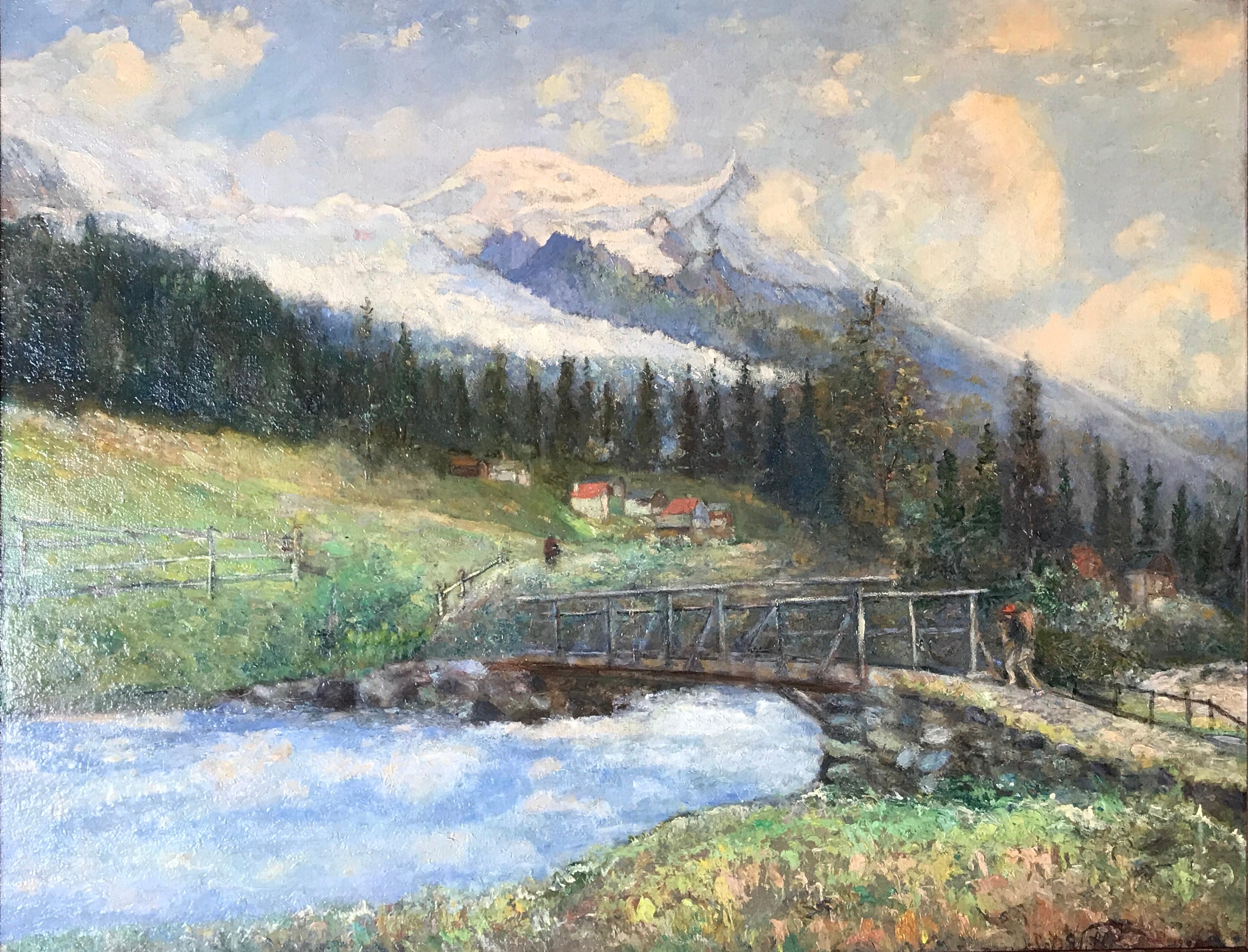 Impressionist Mountain Village Landscape with Man & stream - Painting by Emmanuel Victor Auguste Marie de la Villeon